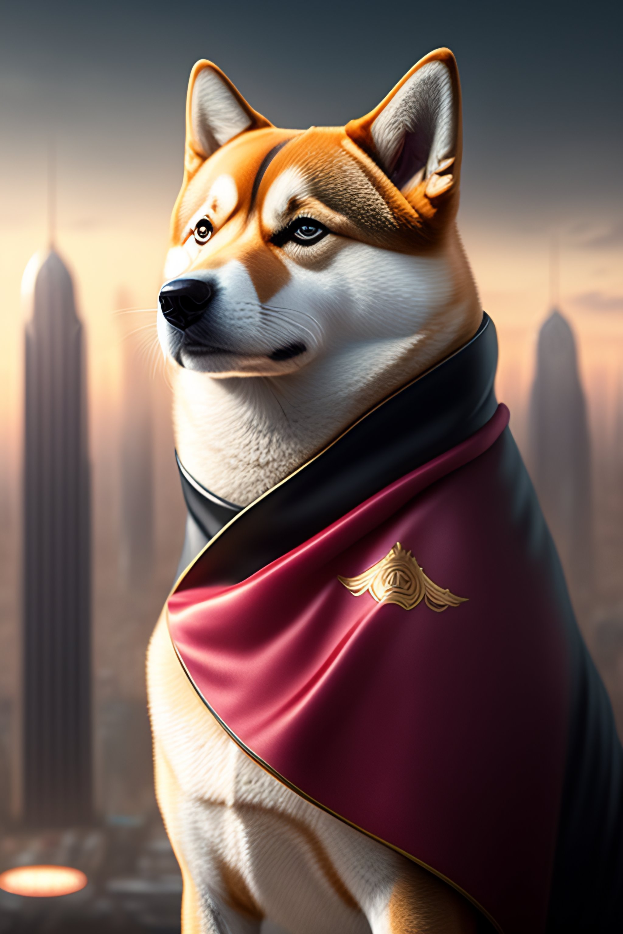 Lexica - Shiba inu as a superhero with a cape watching over a big city ...