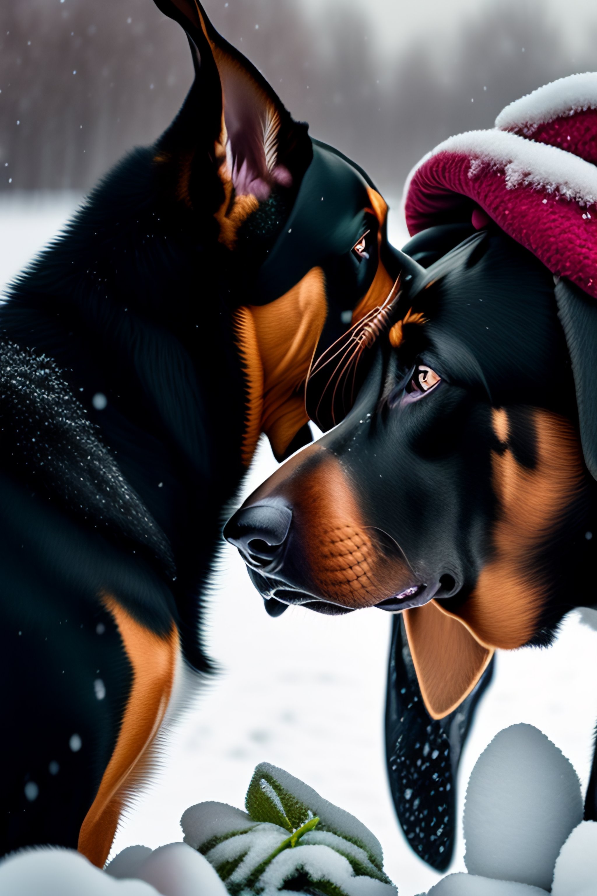 Lexica - Doberman kissing another doberman in the snow with frozen roses