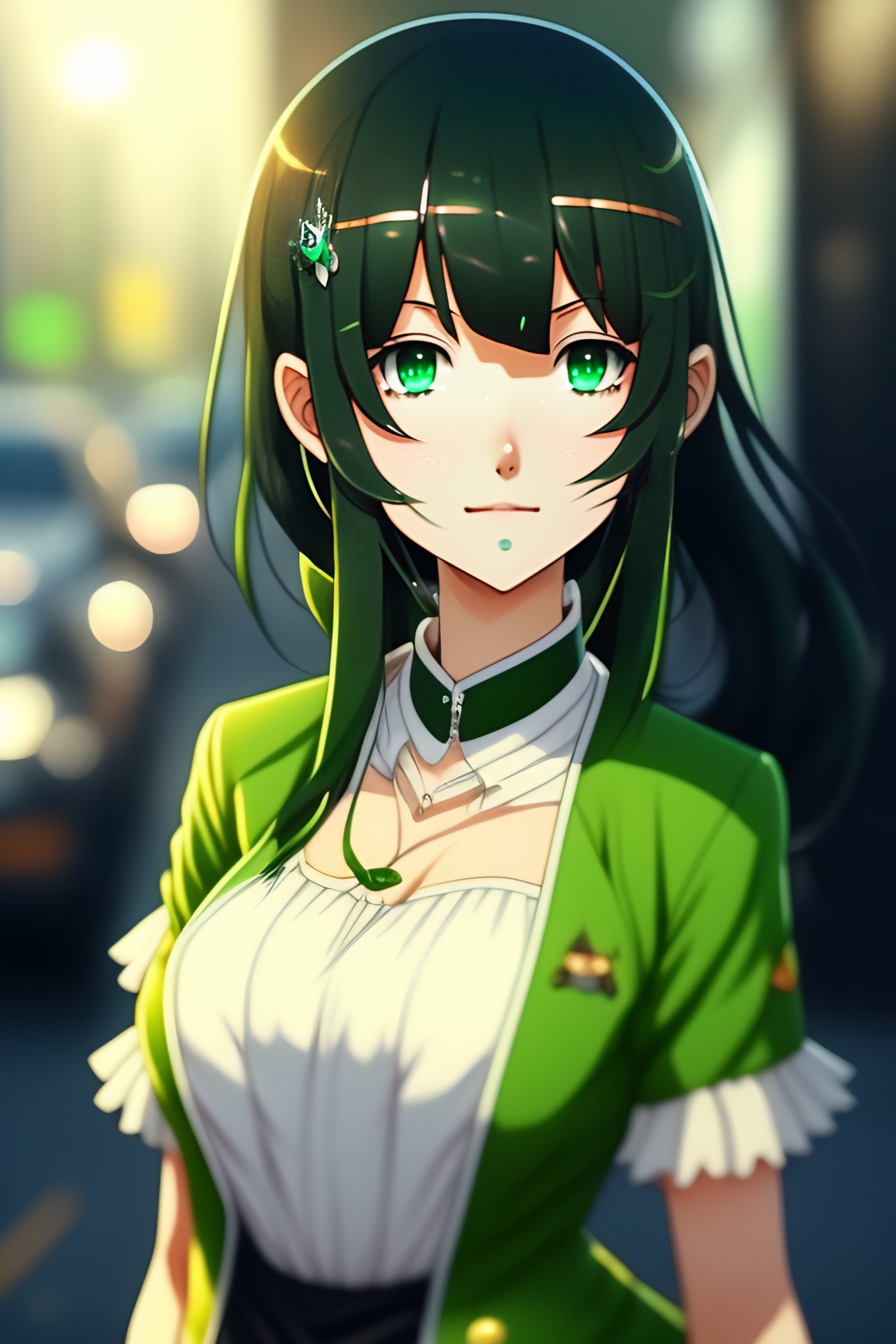 Lexica Cute Anime Girl Green Eyes Green And Black Hair Ahoge 