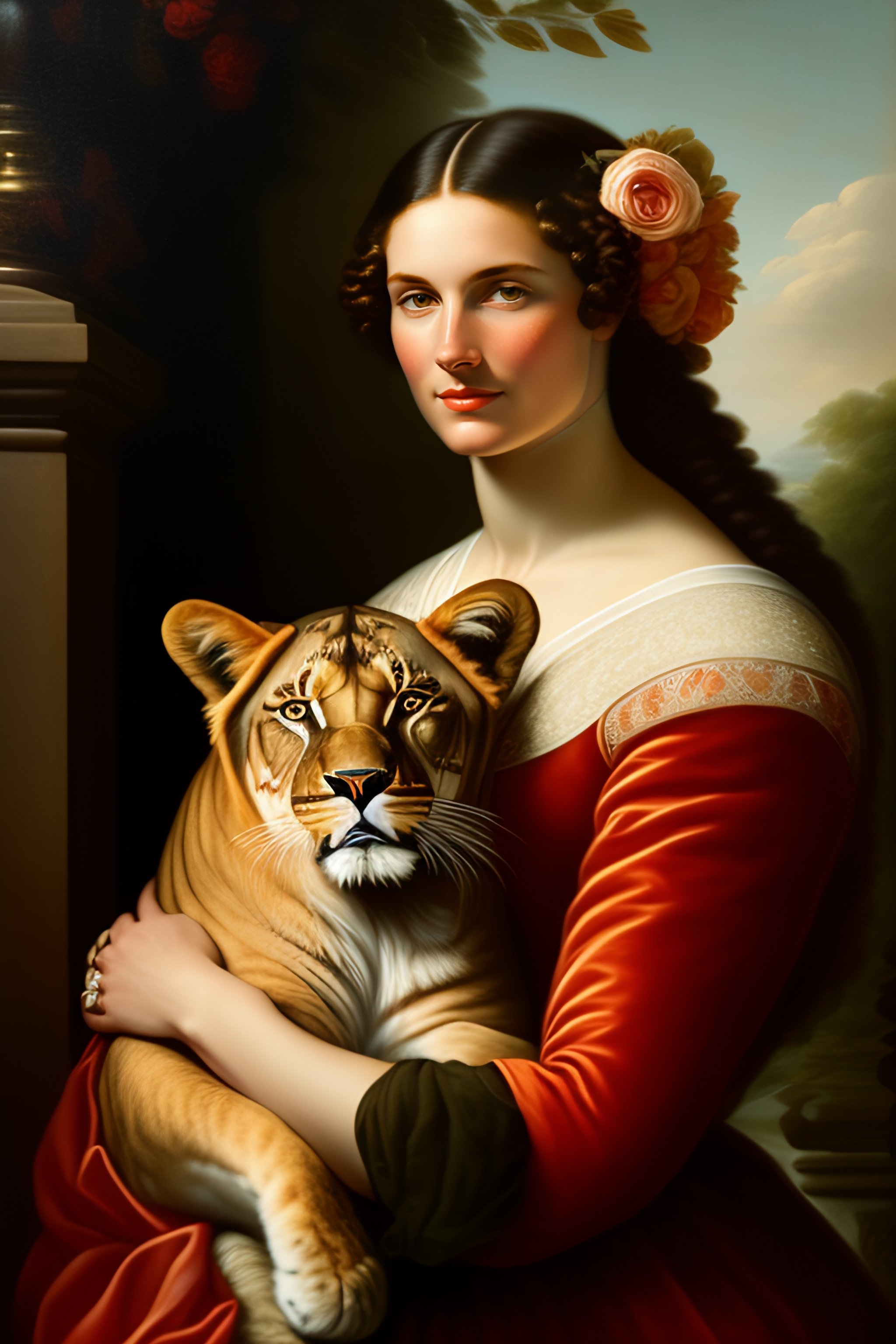 Lexica - Portrait of a woman holding a lion in one hand and a flower in ...