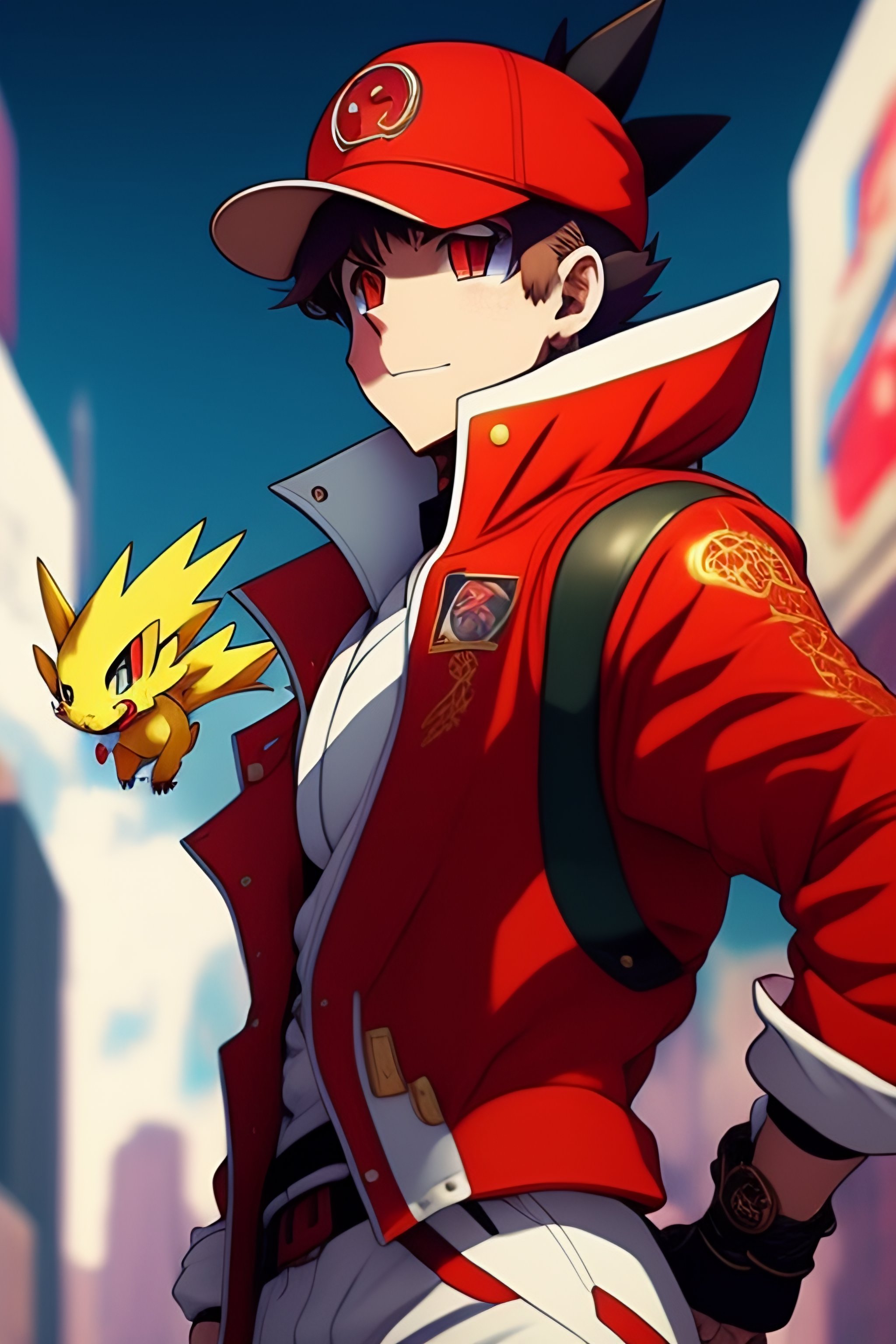 Lexica - A picture of a full body male pokemon trainer in red with a flying  charizard in a neo punk city, color full, highly detailed