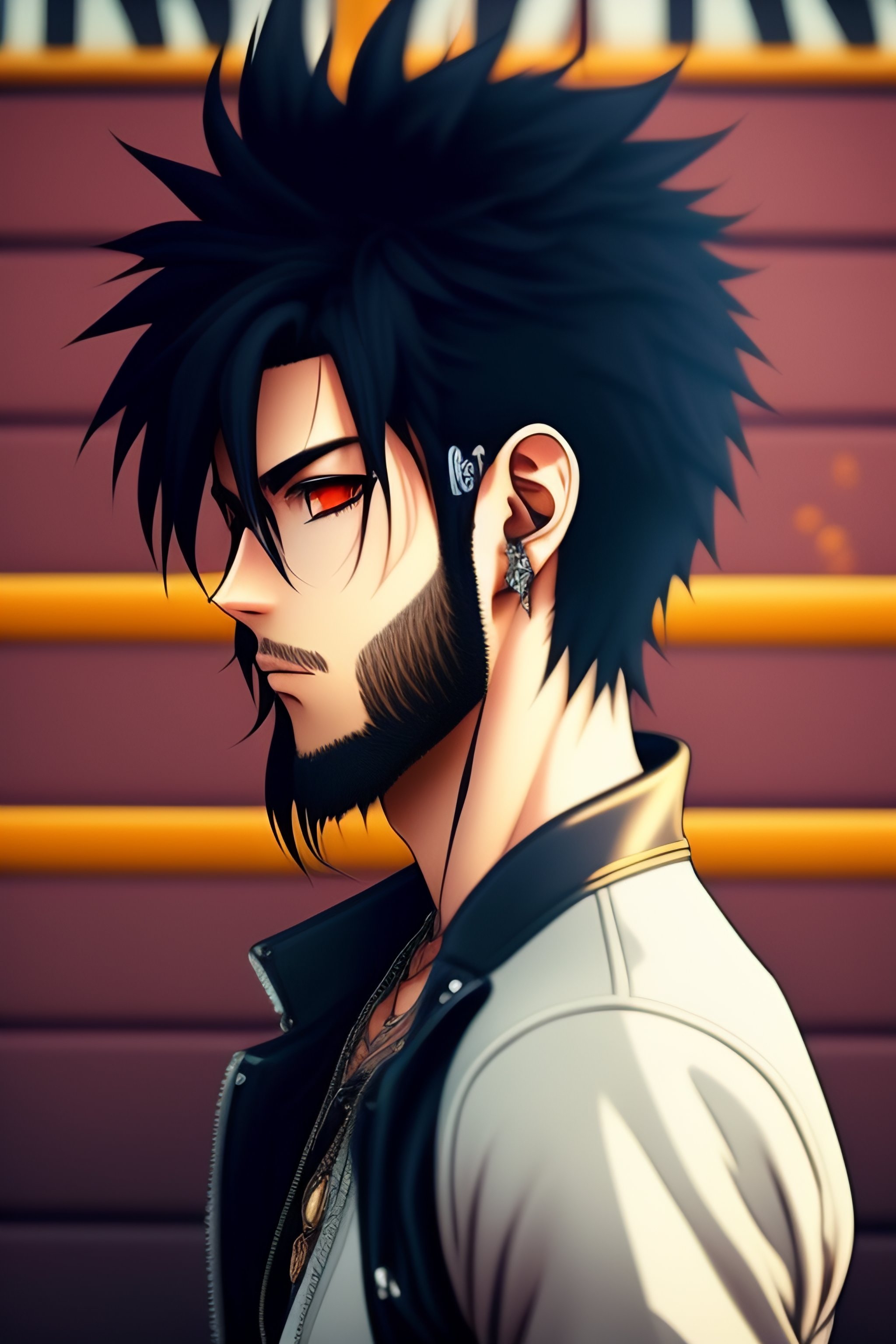 Lexica - Anime style punkrock man with short messy hair and short beard