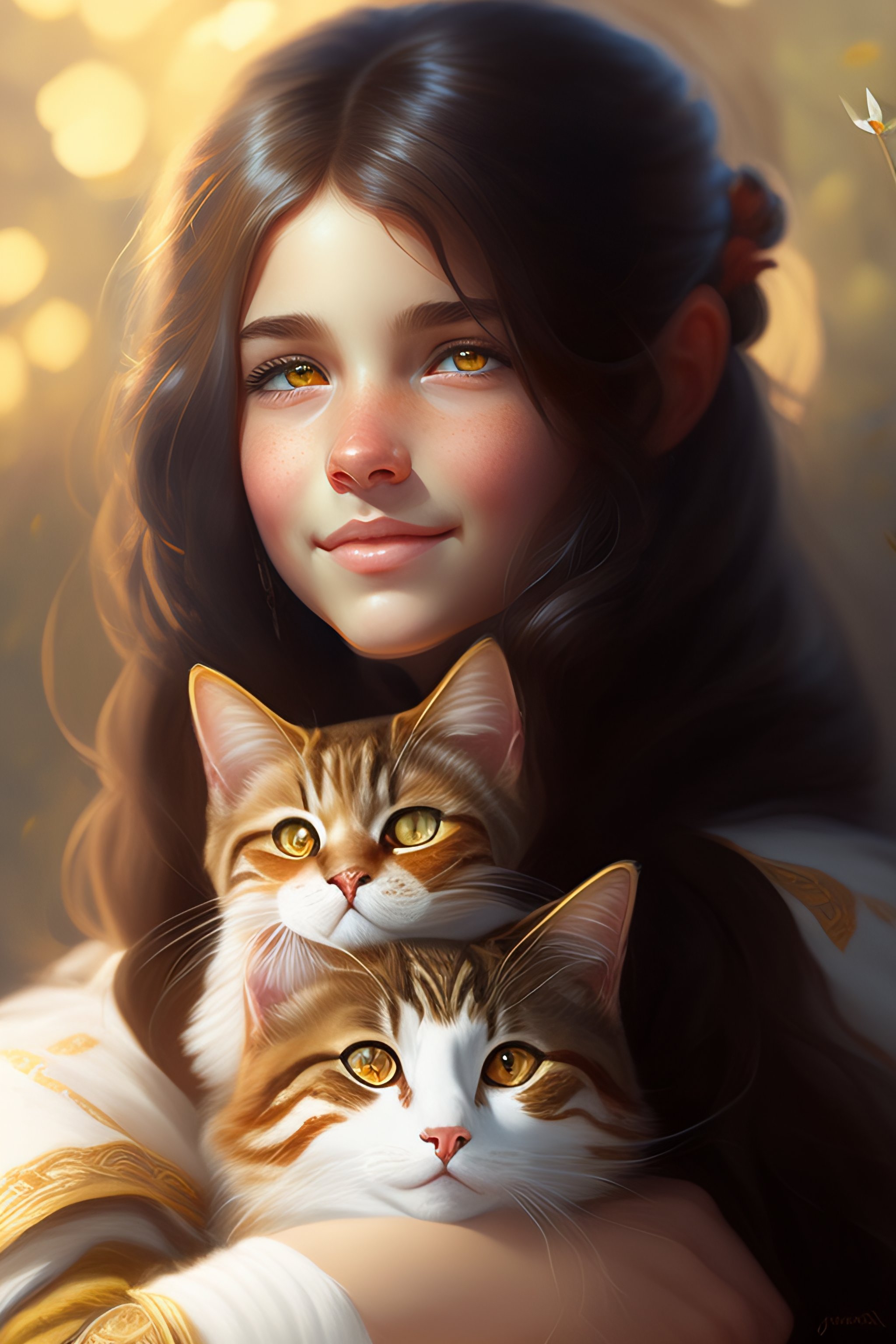Lexica - A detailed portrait of a cute calm brunette girl hugging a ...