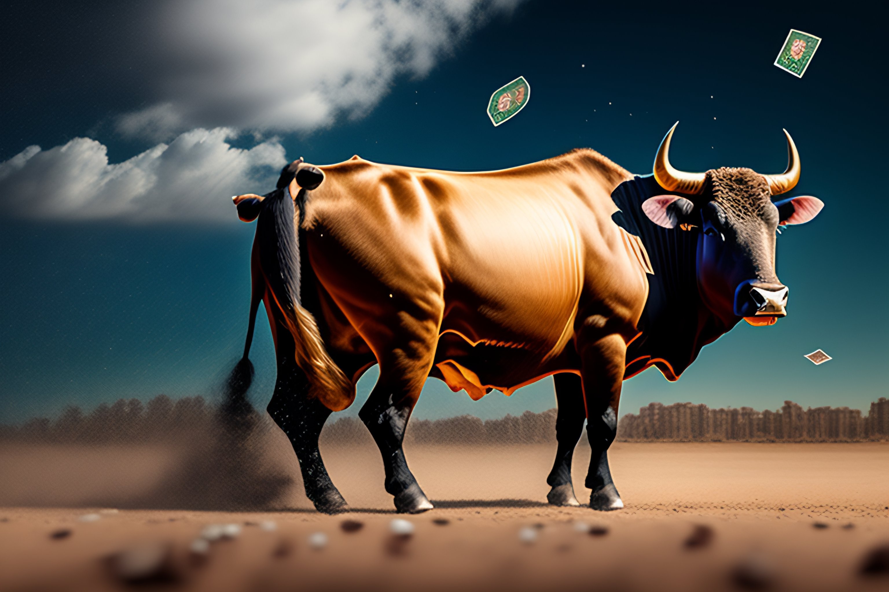 Lexica - A bull with coins and money notes raining down on it