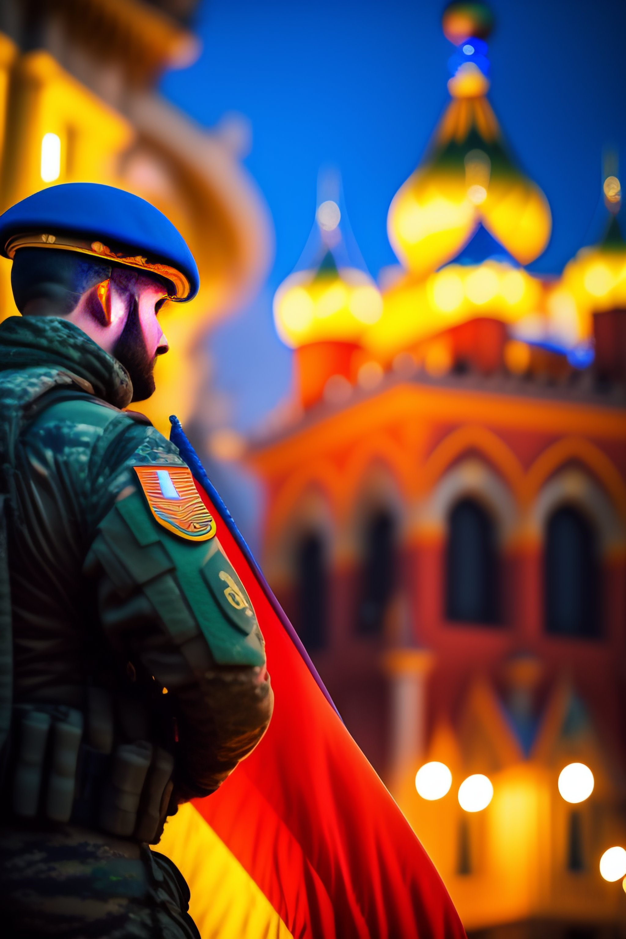 Lexica special forces soldier raising ukrainian blue and yellow flag