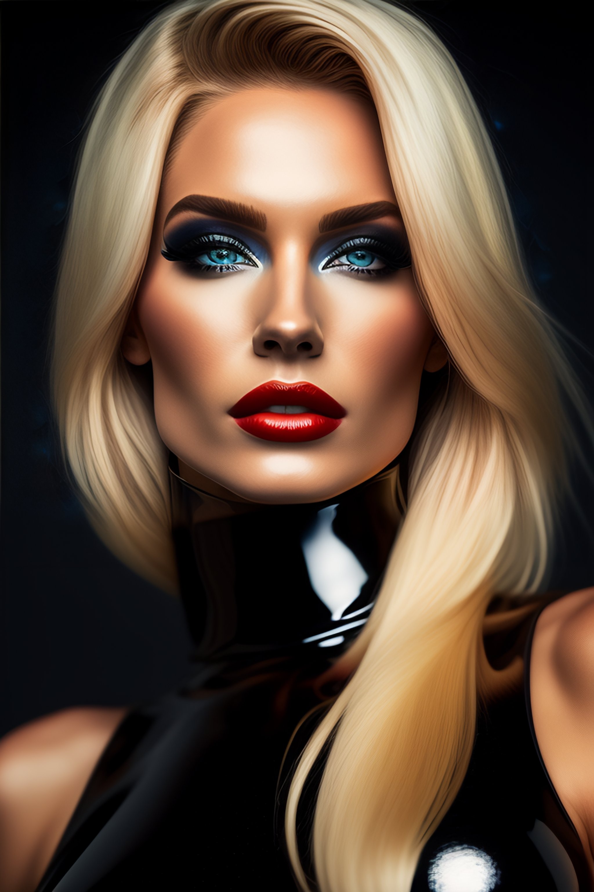 Lexica - Hot blonde with blue eyes, black latex full body suit