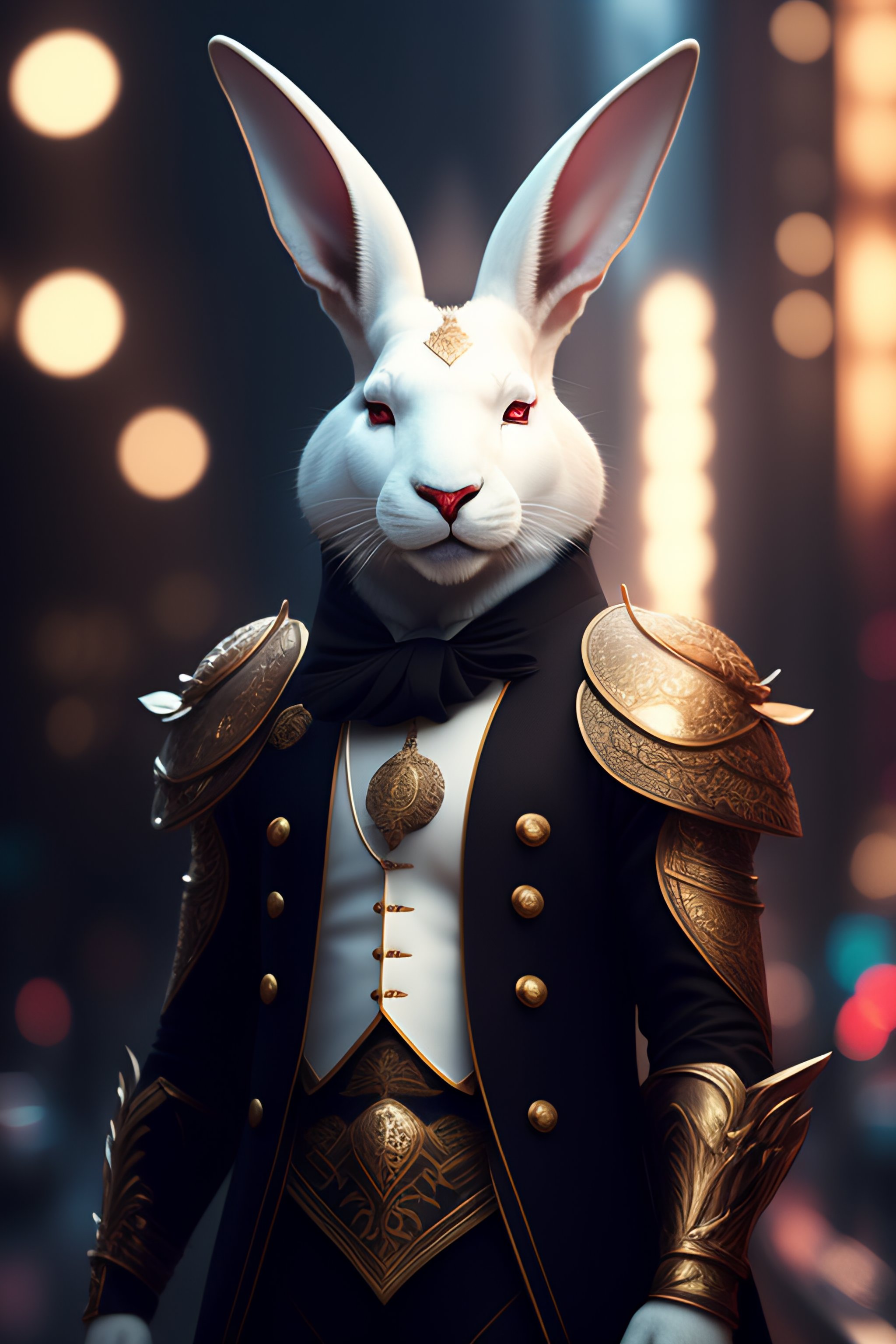 Lexica An Anthropomorphic White Rabbit Male Wizard Face Dressed As A Warrior In A Black Suit