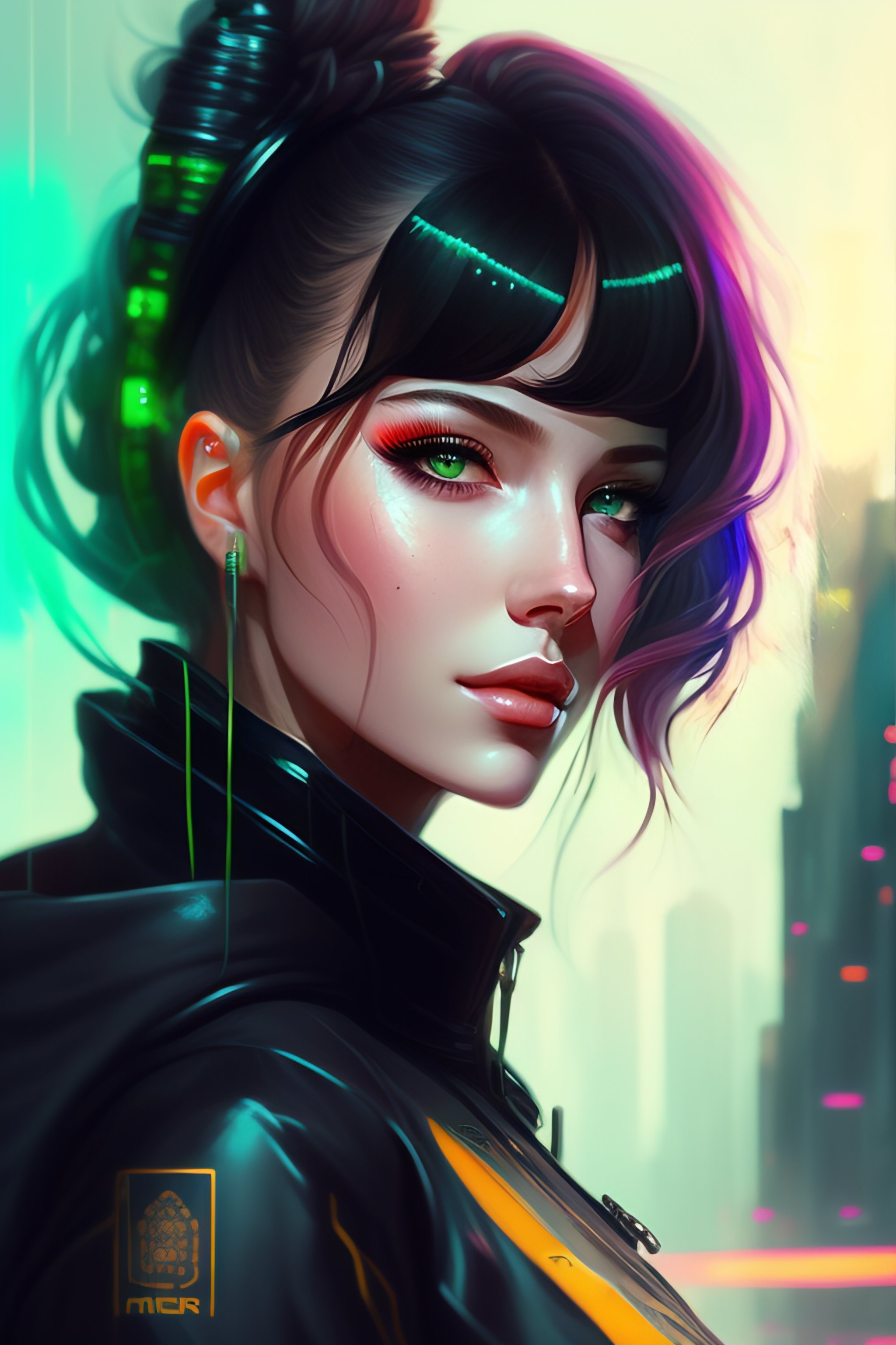 Lexica - A detailed painting of a cute cyberpunk girl with green eyes ...