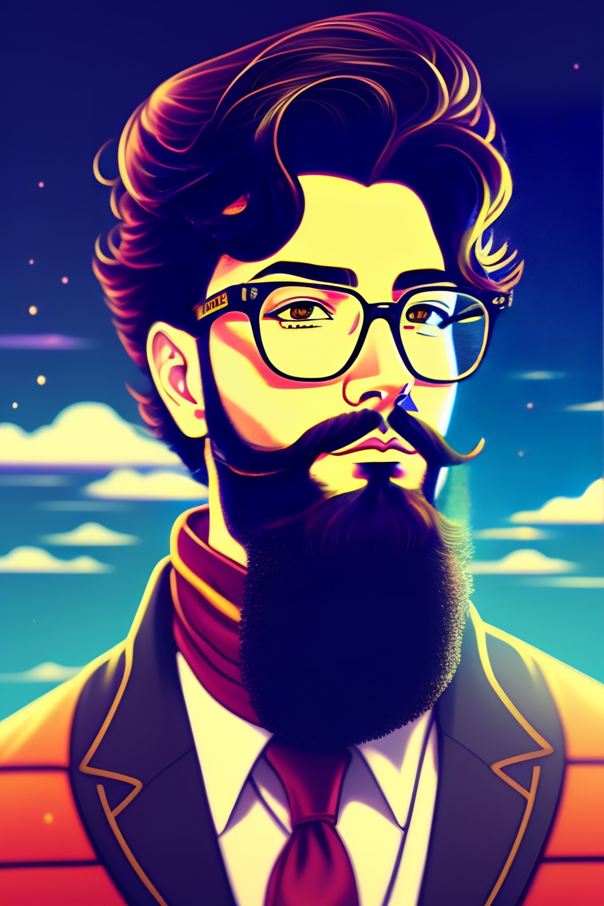 Lexica - Vintage 90's anime style. Portrait of a man with a beard and ...