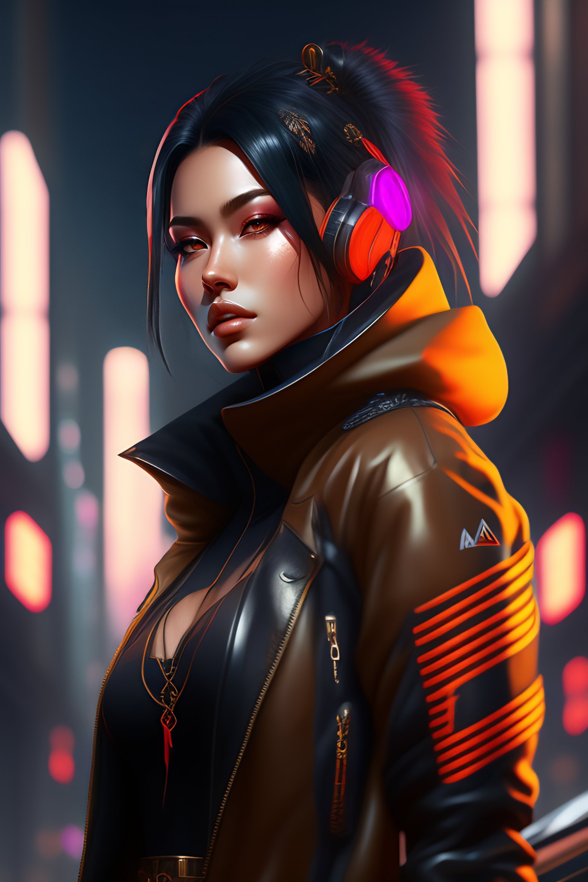 lady assassin wearing cyberpunk streetwear, detailed