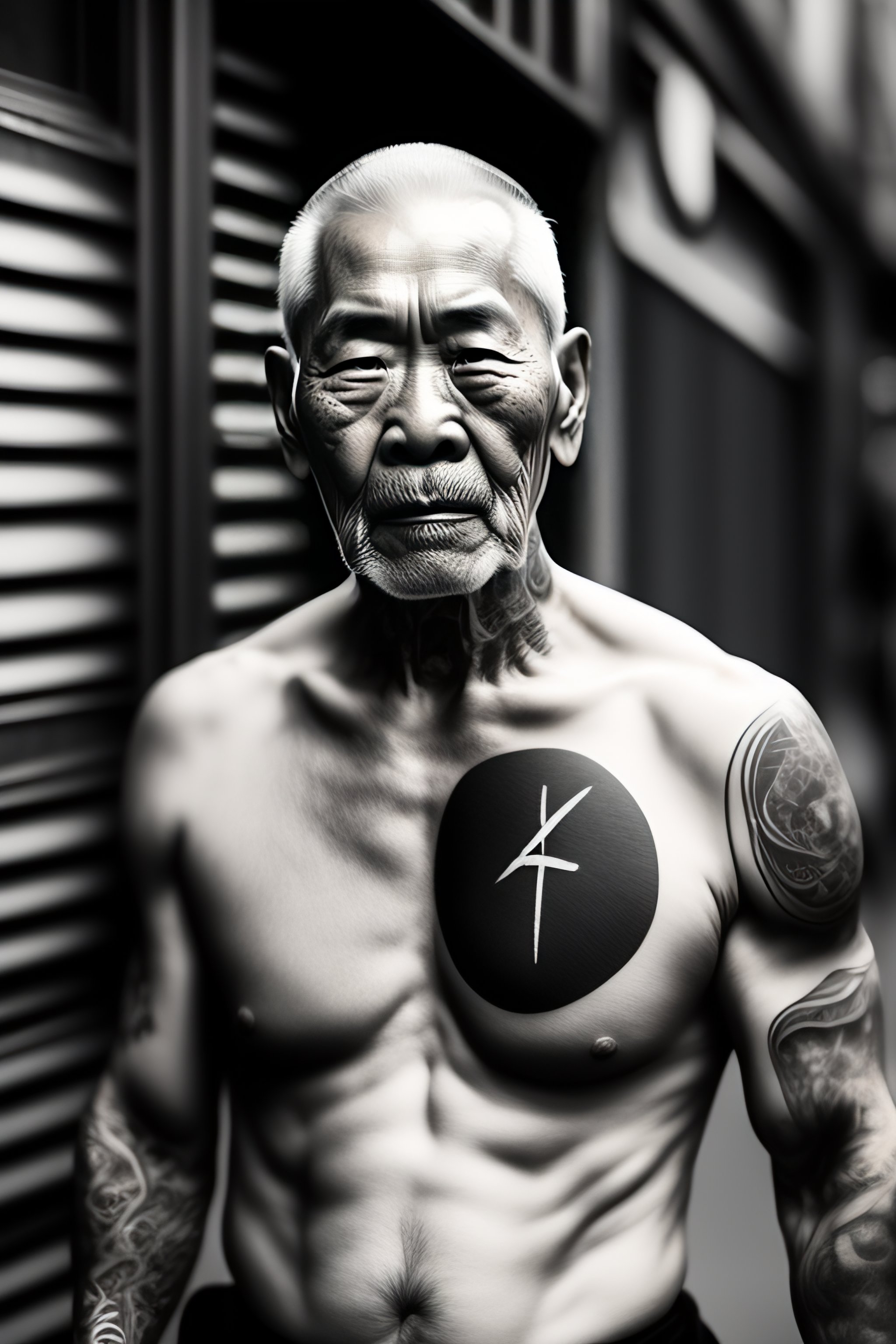 Lexica Black and white picture of Yakuza old man with tattoos in New York