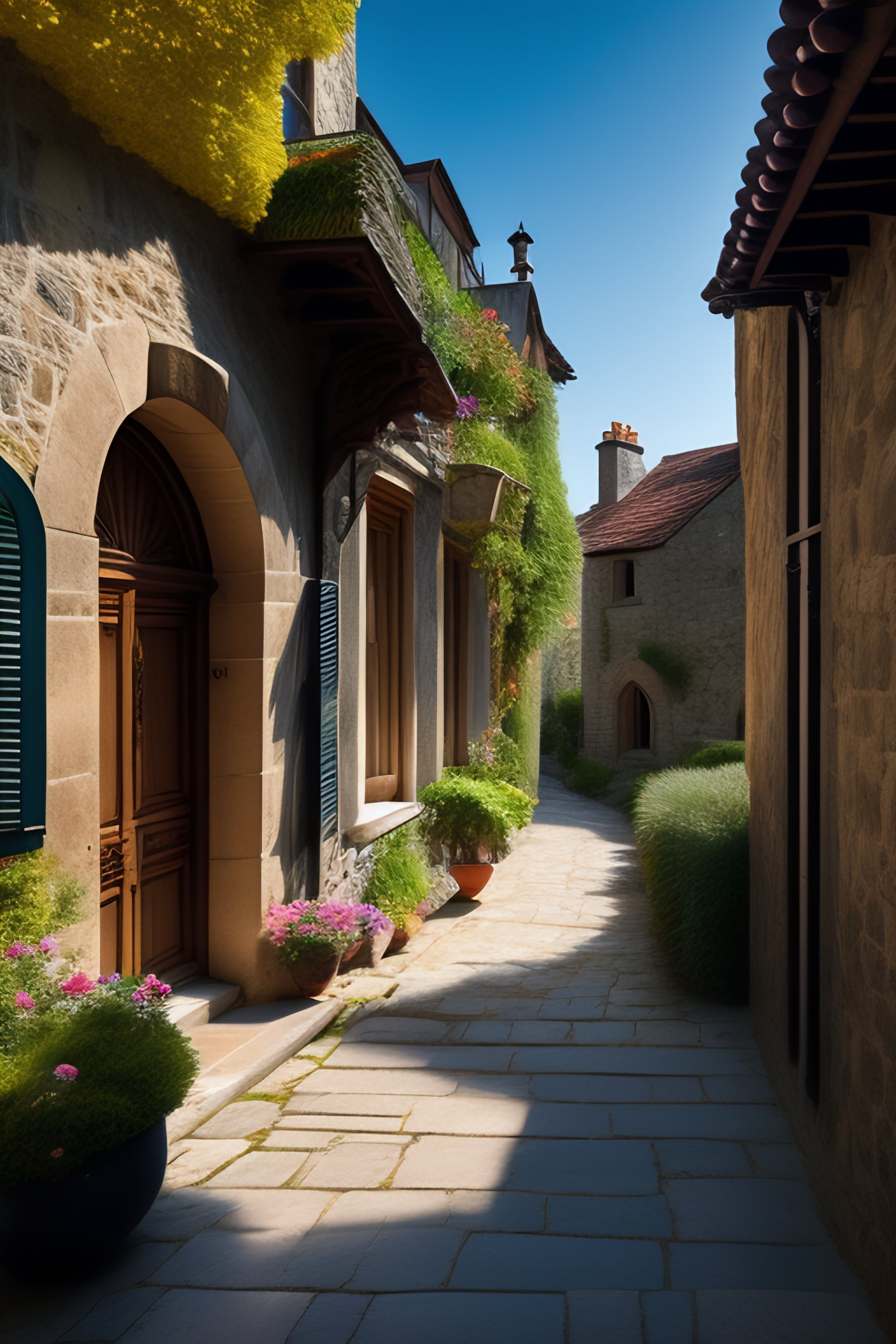 Lexica - An esplanade surrounded by stone houses with big windows