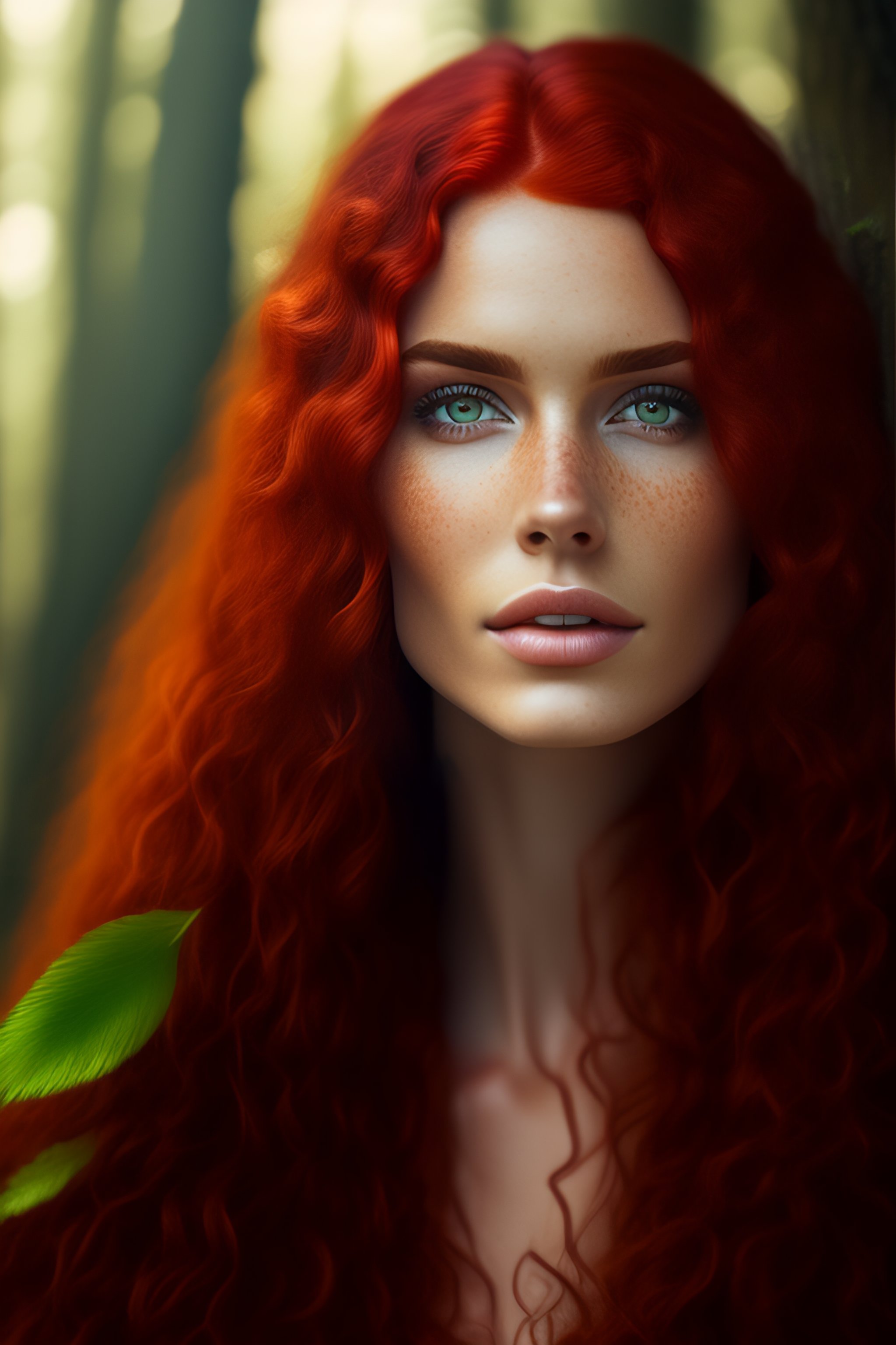 Lexica Brunette Wild Hair Red Hair Ivory Fair Skinned Exotic Freckles Forest Woman 8k 