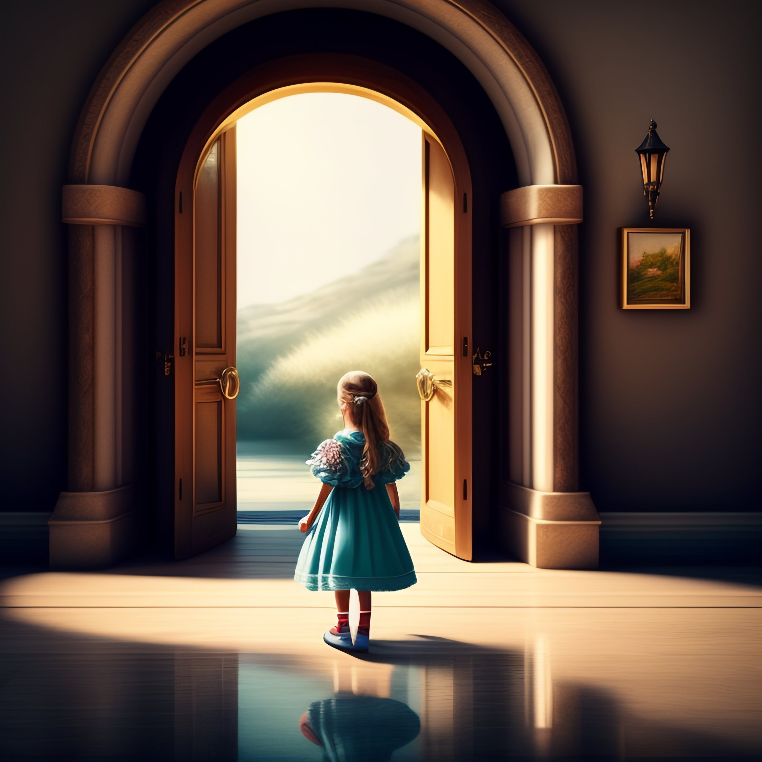 Lexica - Little girl Alice stepped out of the boat and made her way to ...