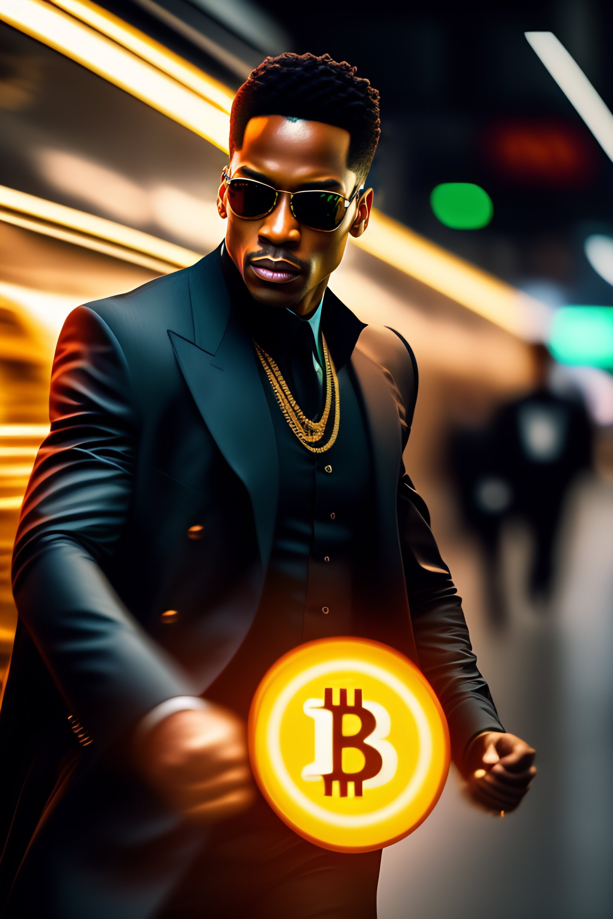 Lexica - Neo in the Matrix running from agents holding a big bitcoin