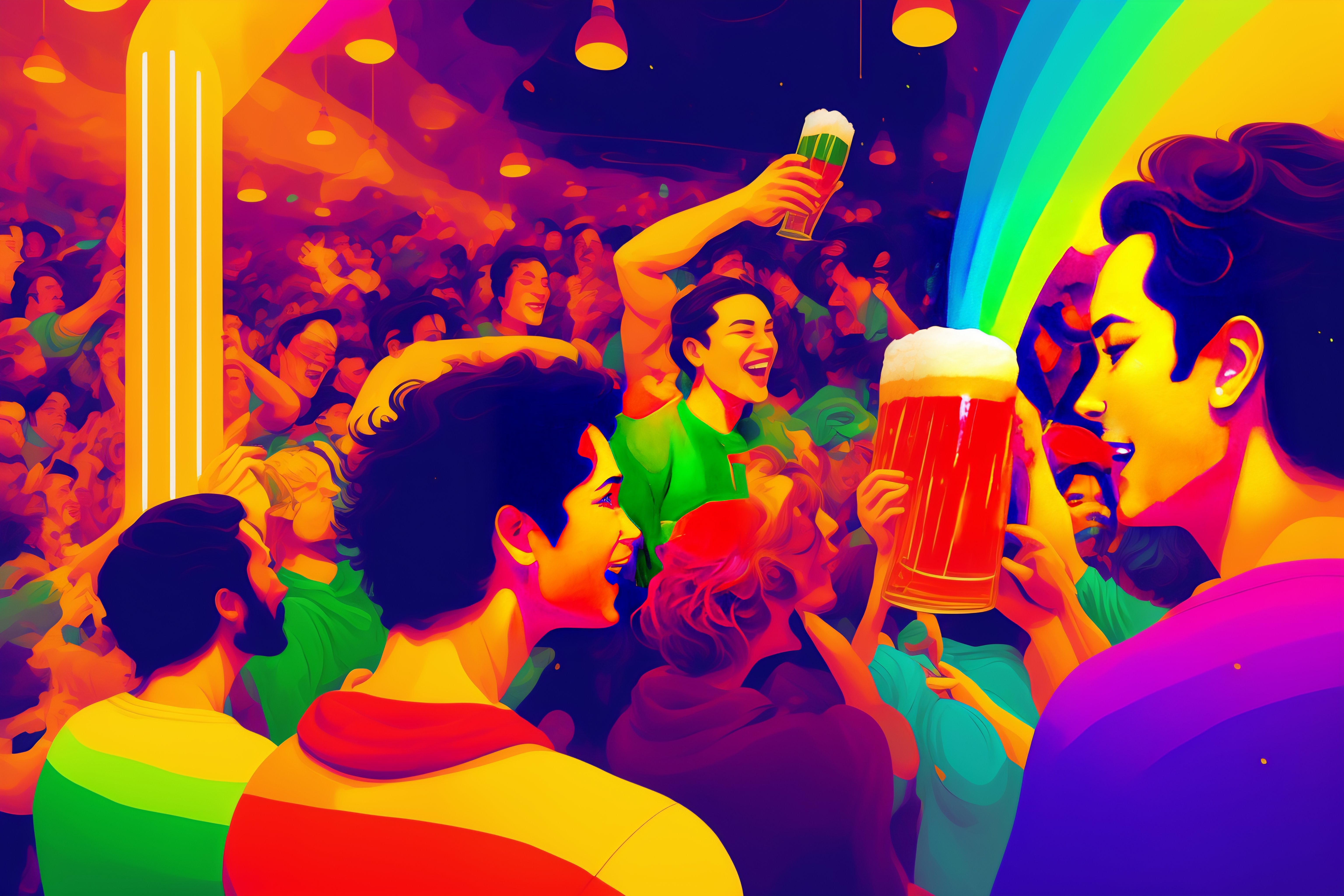 Lexica - Friends cheer with beer in a bar, rainbow colors, abstract art ...