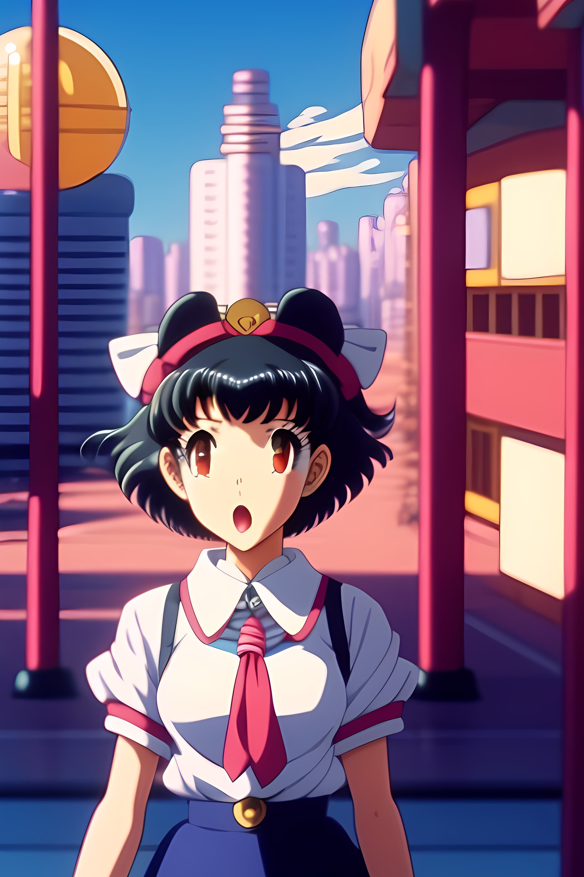 Lexica - 90's anime vintage anime screenshot joyful school girl Sailor Moon  stay in front of post soviet city landscape on the background, deep bokeh...