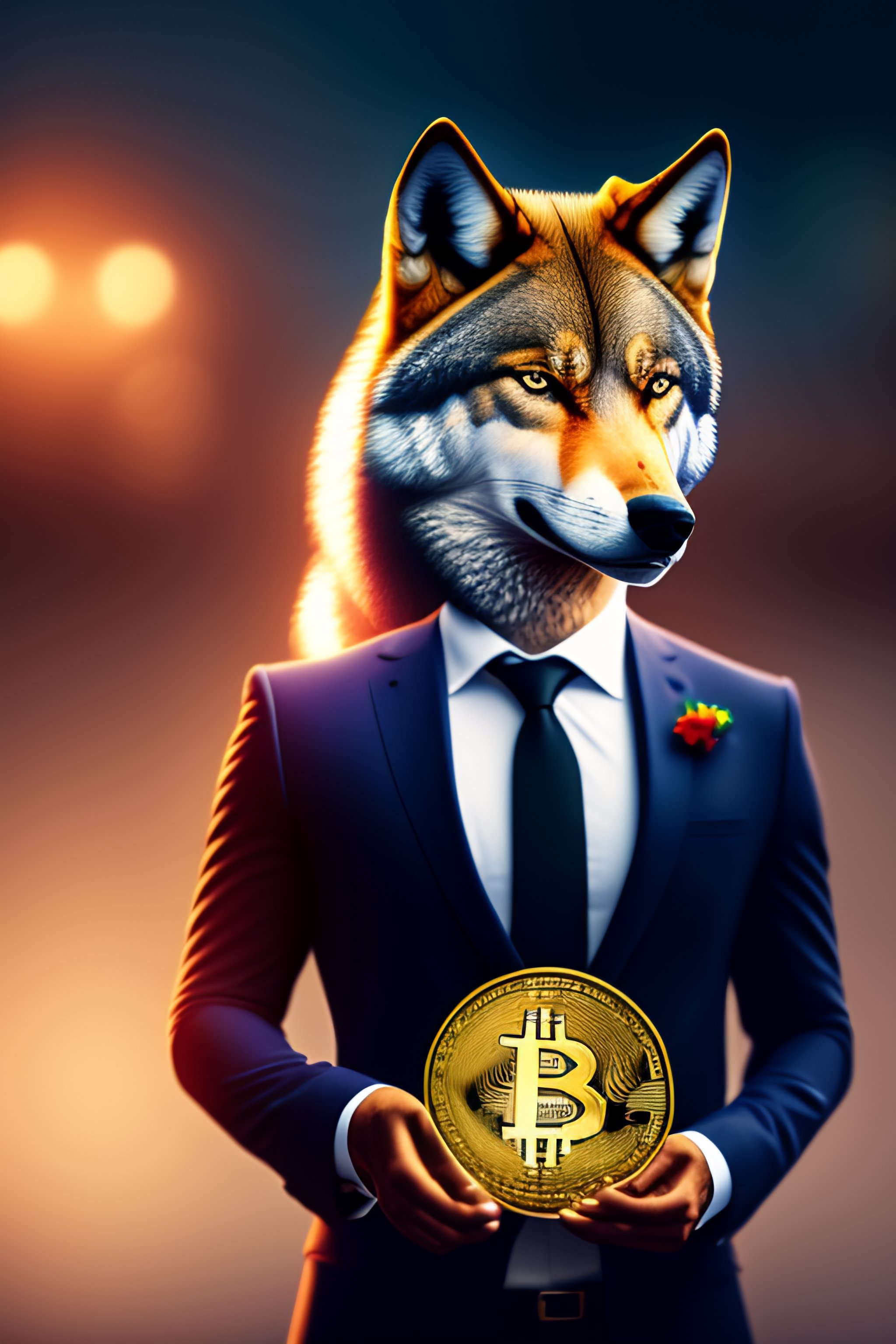 Lexica - A bitcoin wolf in a suit with Indian rupee on hand
