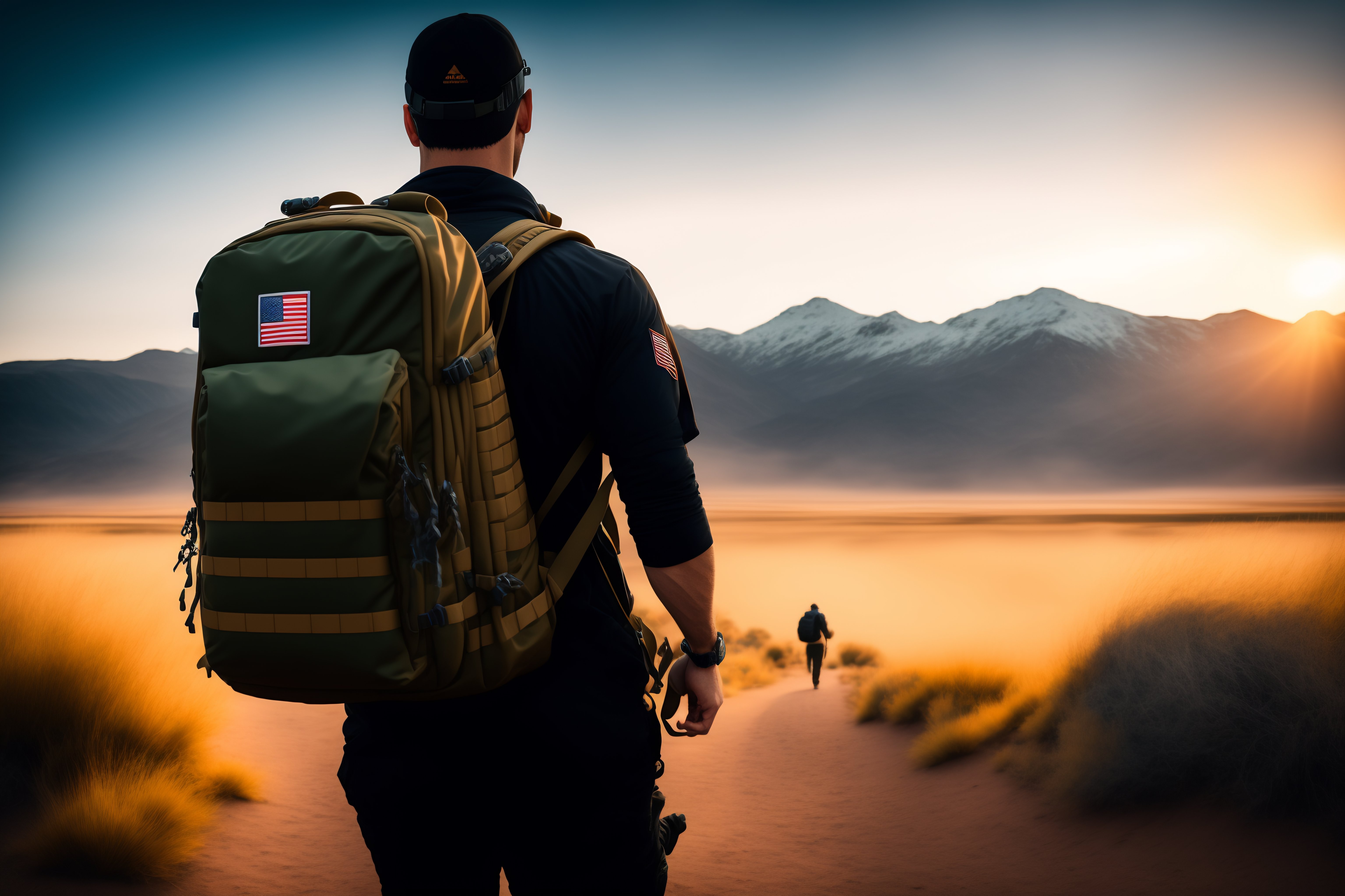 Lexica Illustrate a person doing rucking with a weighted backpack