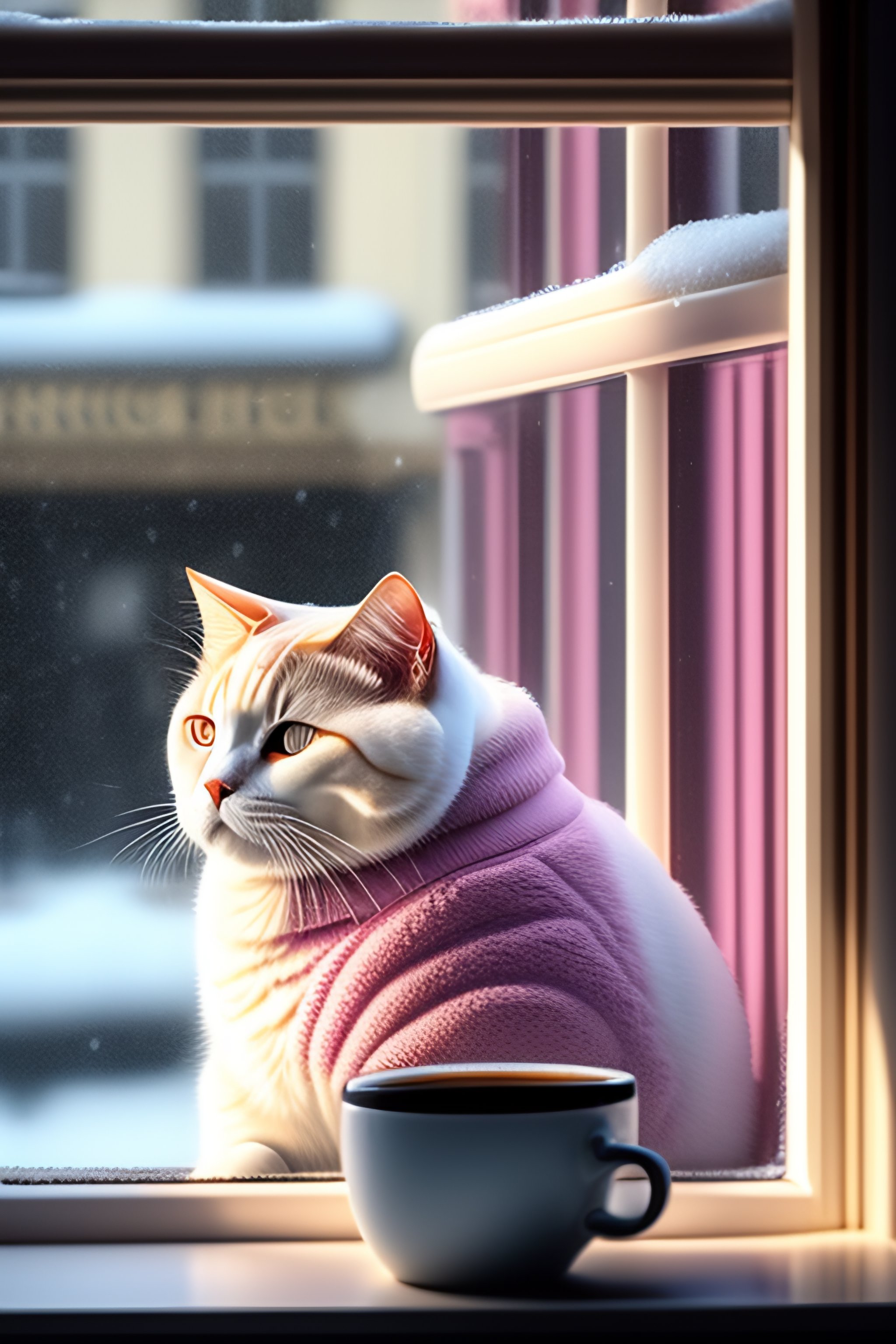 Lexica - White british shorthair fully detailed sitting in a cafe ...