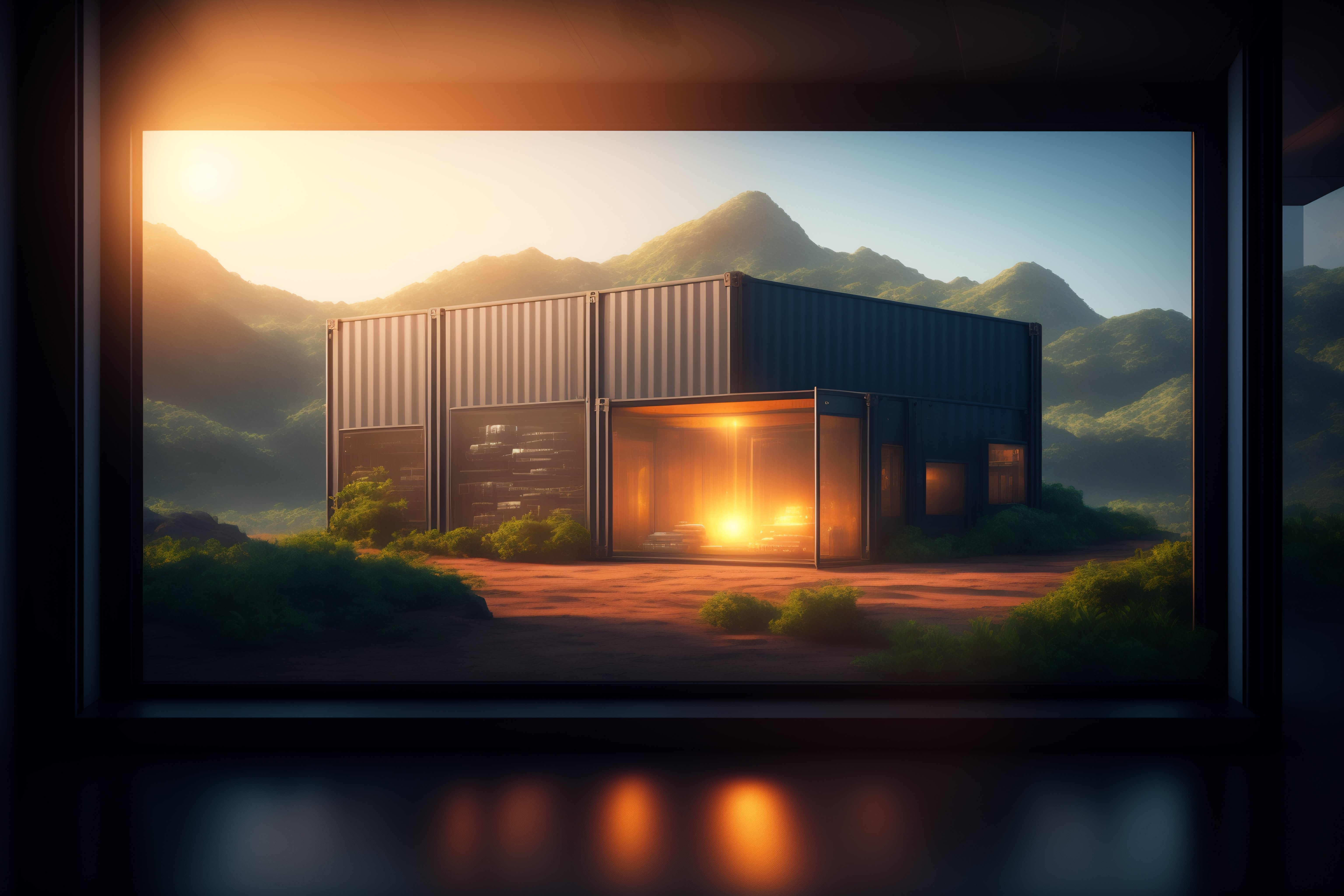 Lexica A power plant inside a glass shipping container, photo realistic, studio lighting