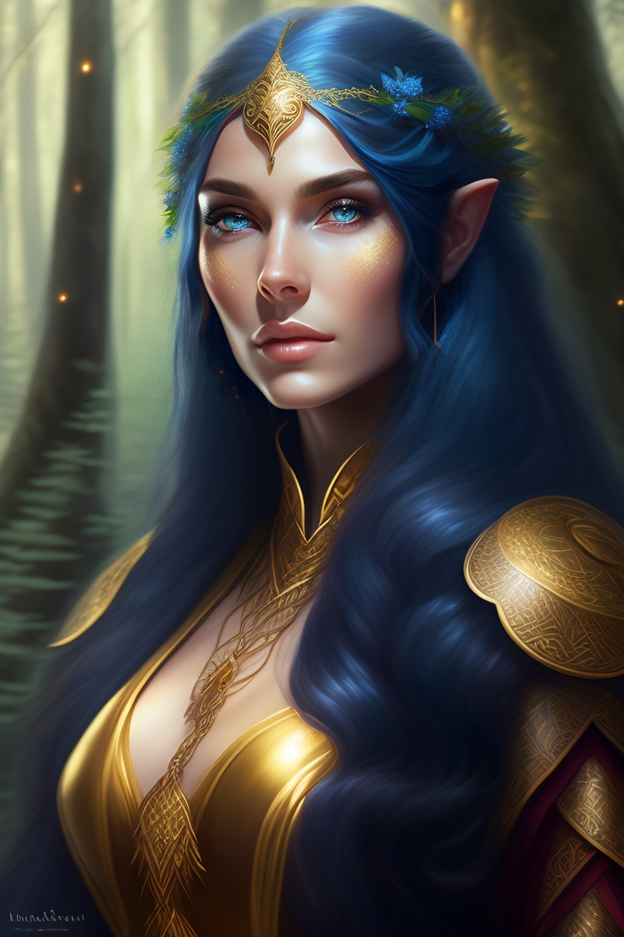 Lexica - A cute sorcerer elven godess, blue long hair, golden eyes, in ...