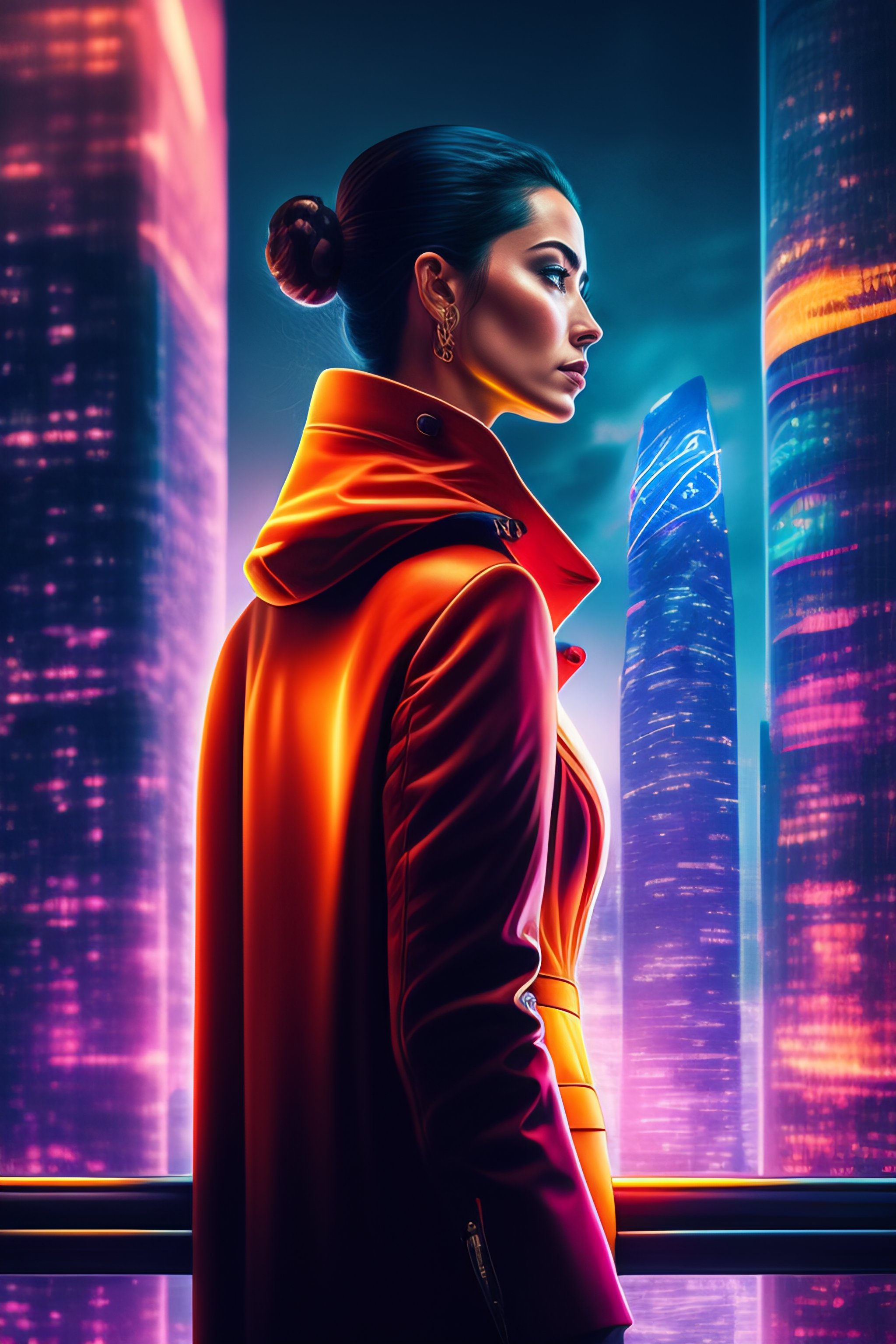 Lexica - In the portrait, woman stands atop a skyscraper, her fists ...