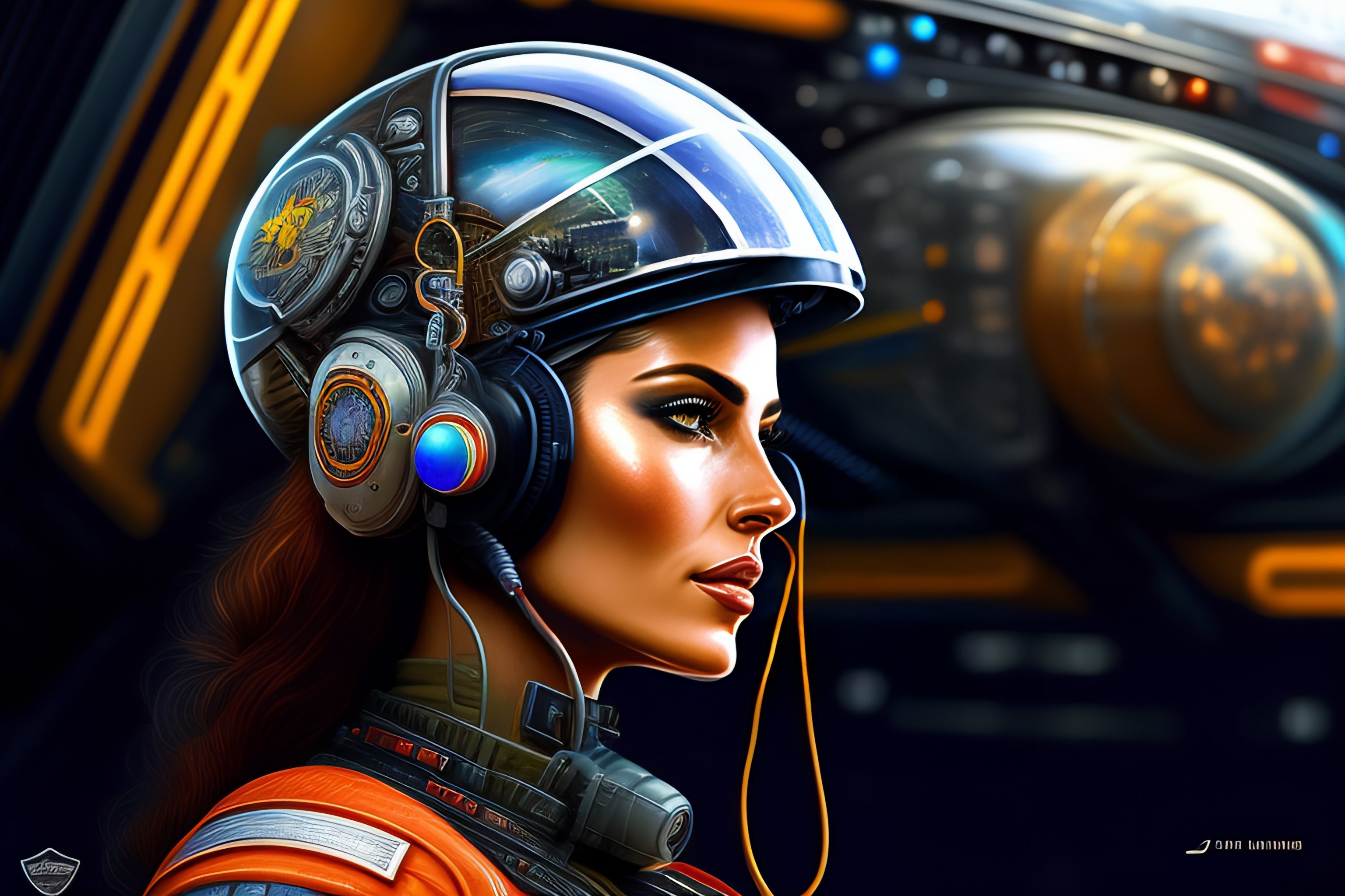 Lexica - Cyborg pilot wired to commands, detailed maximalist interior ...