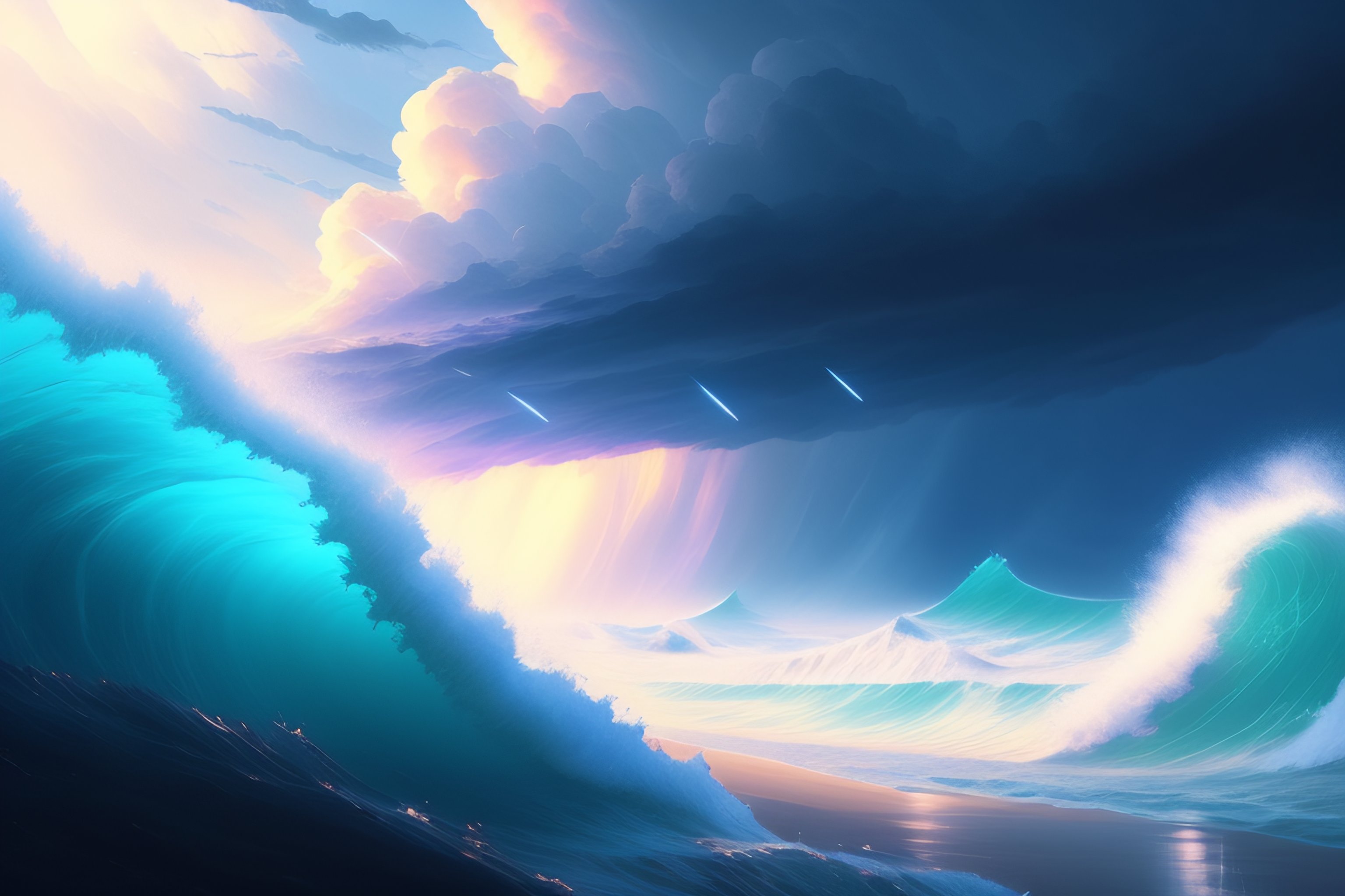 Lexica - Infinite storm, key visual, blue tinted clouds, ocean has ...