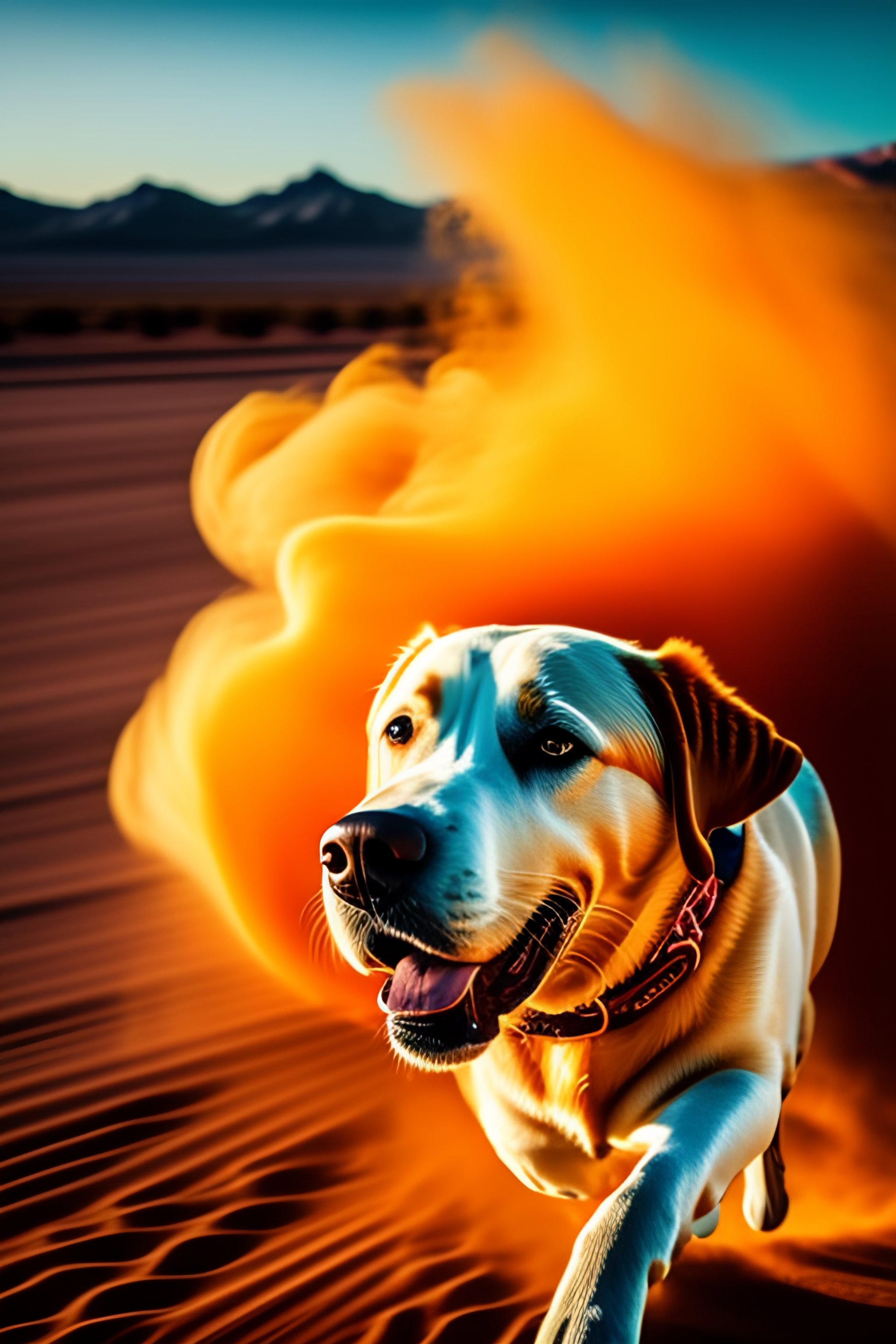 Lexica - Yellow Labrador jumping through a ring of fire in Las Vegas
