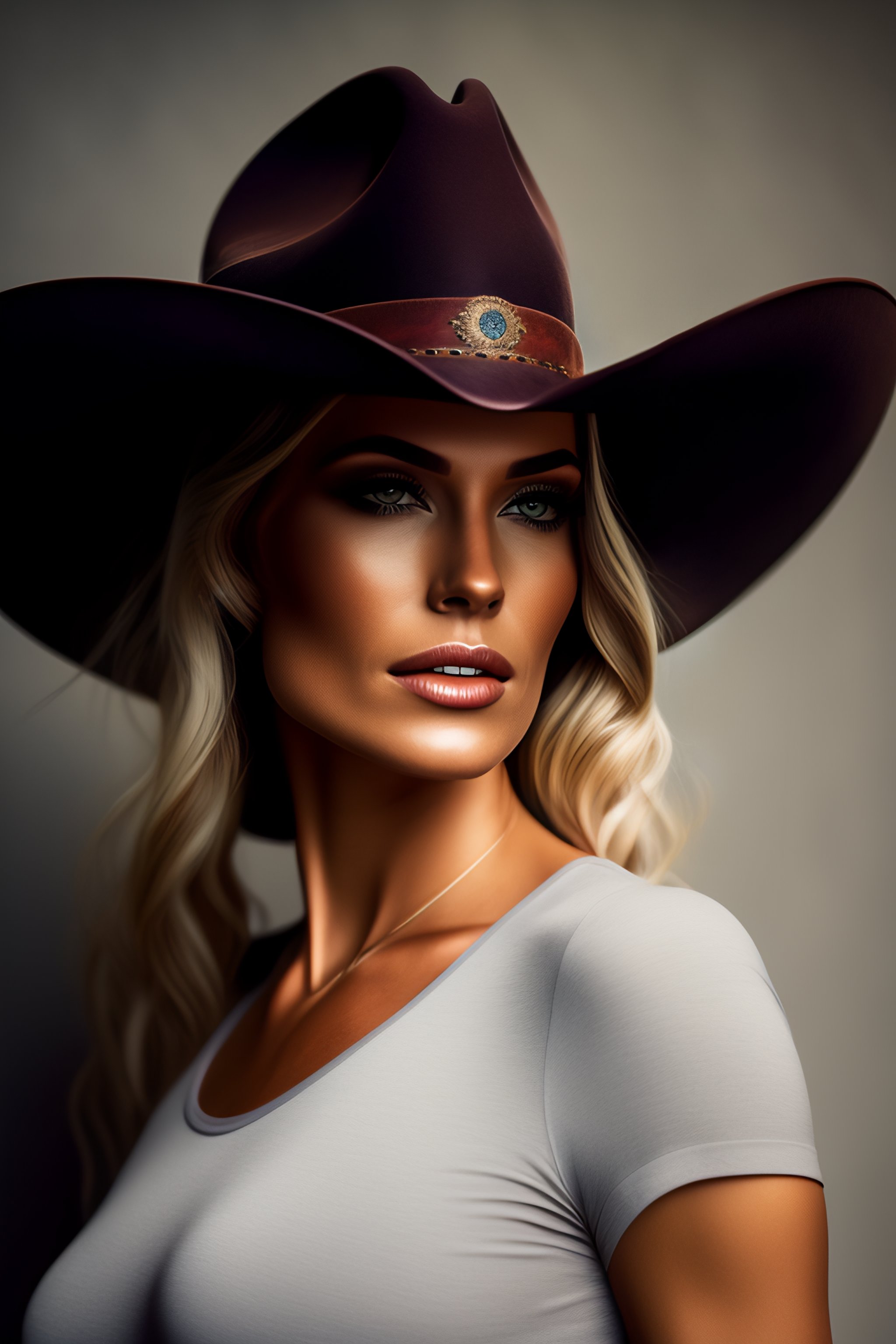 Lexica - Cowboy hat ,full body ,woman at home wearing Grey t-shirt  realistic image