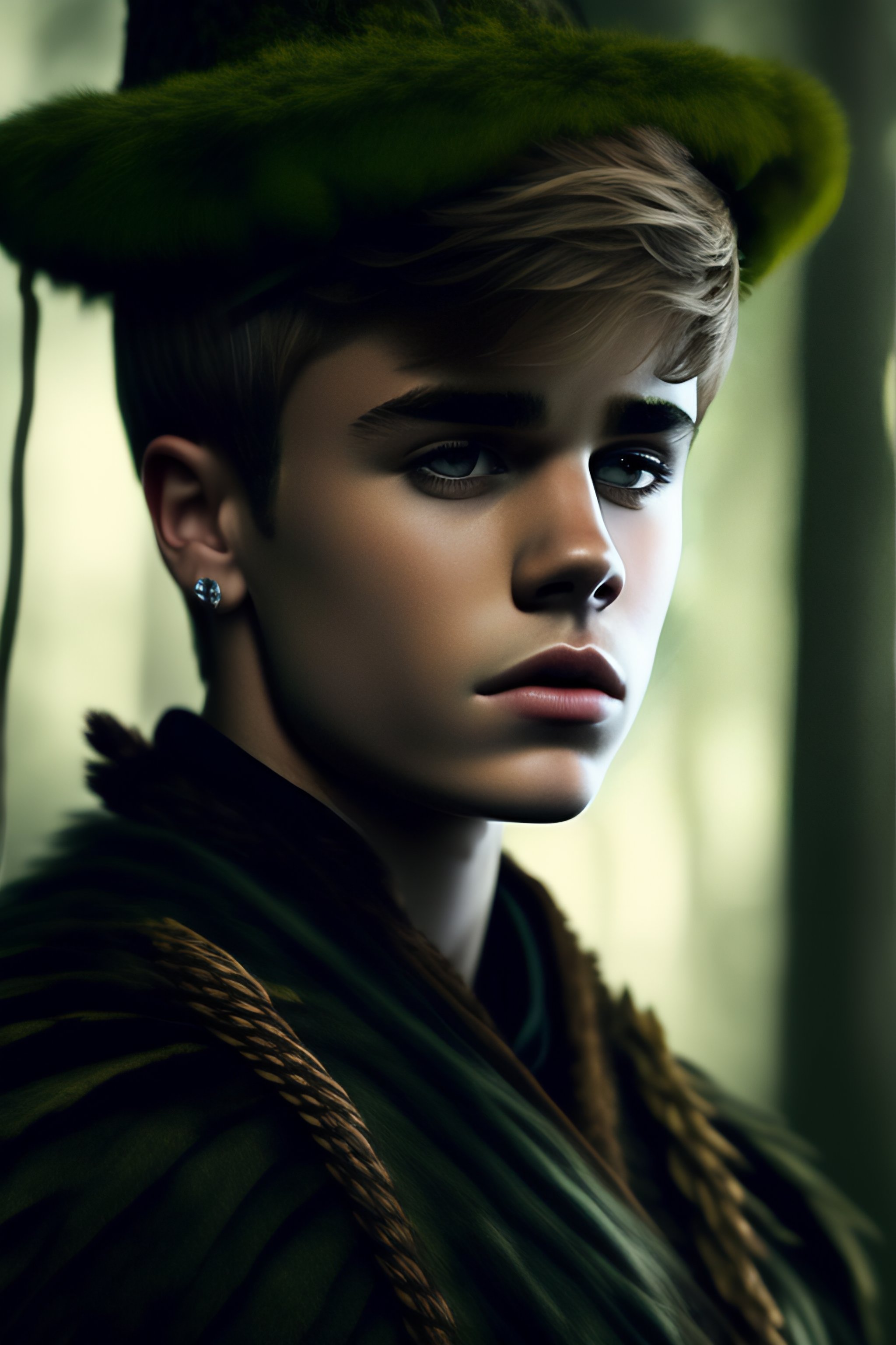 Lexica - Justin Bieber looking scared in a forest, at night, game of ...