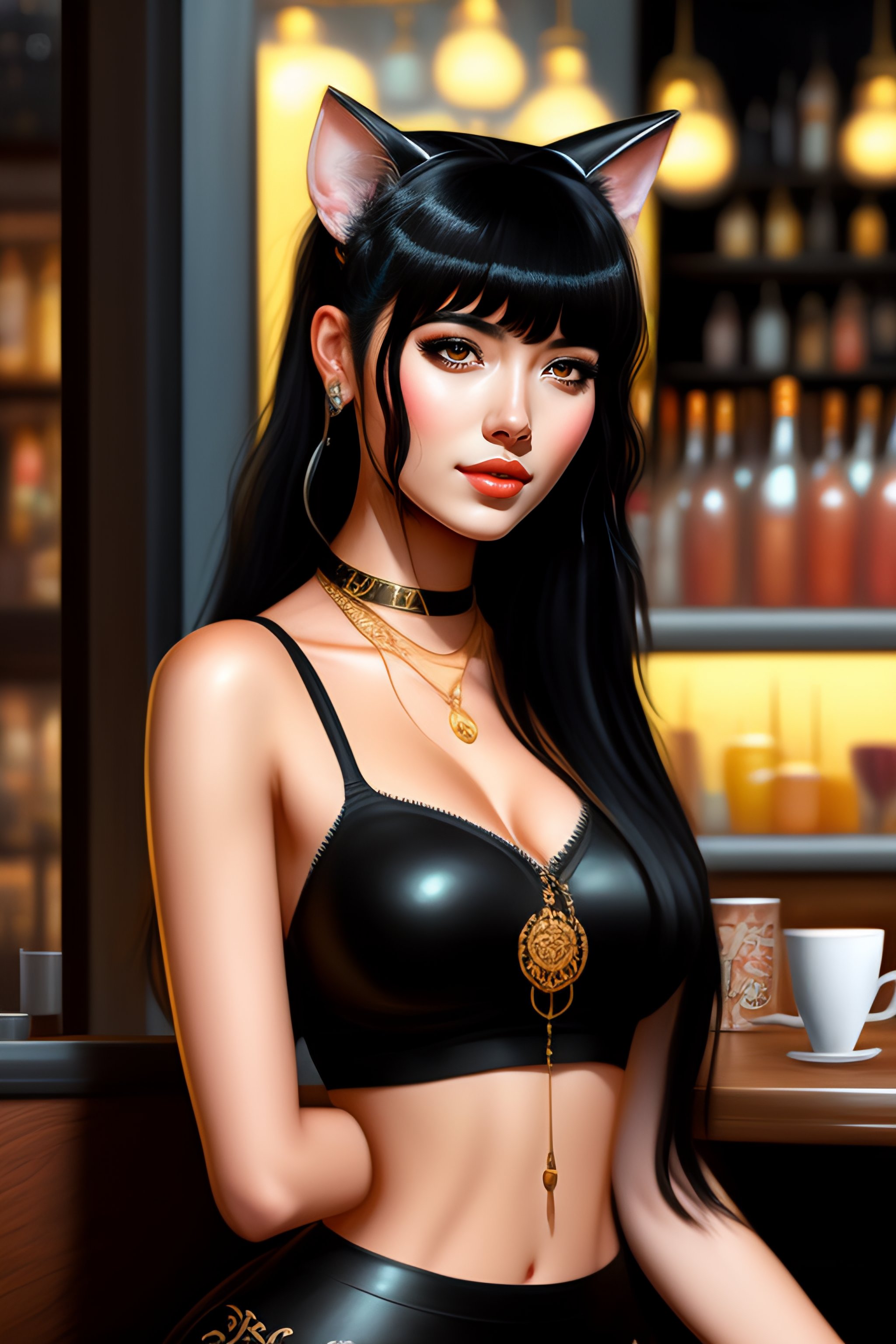Lexica Egirl, fully body, black hair, bangs, cat ears, in a cafe