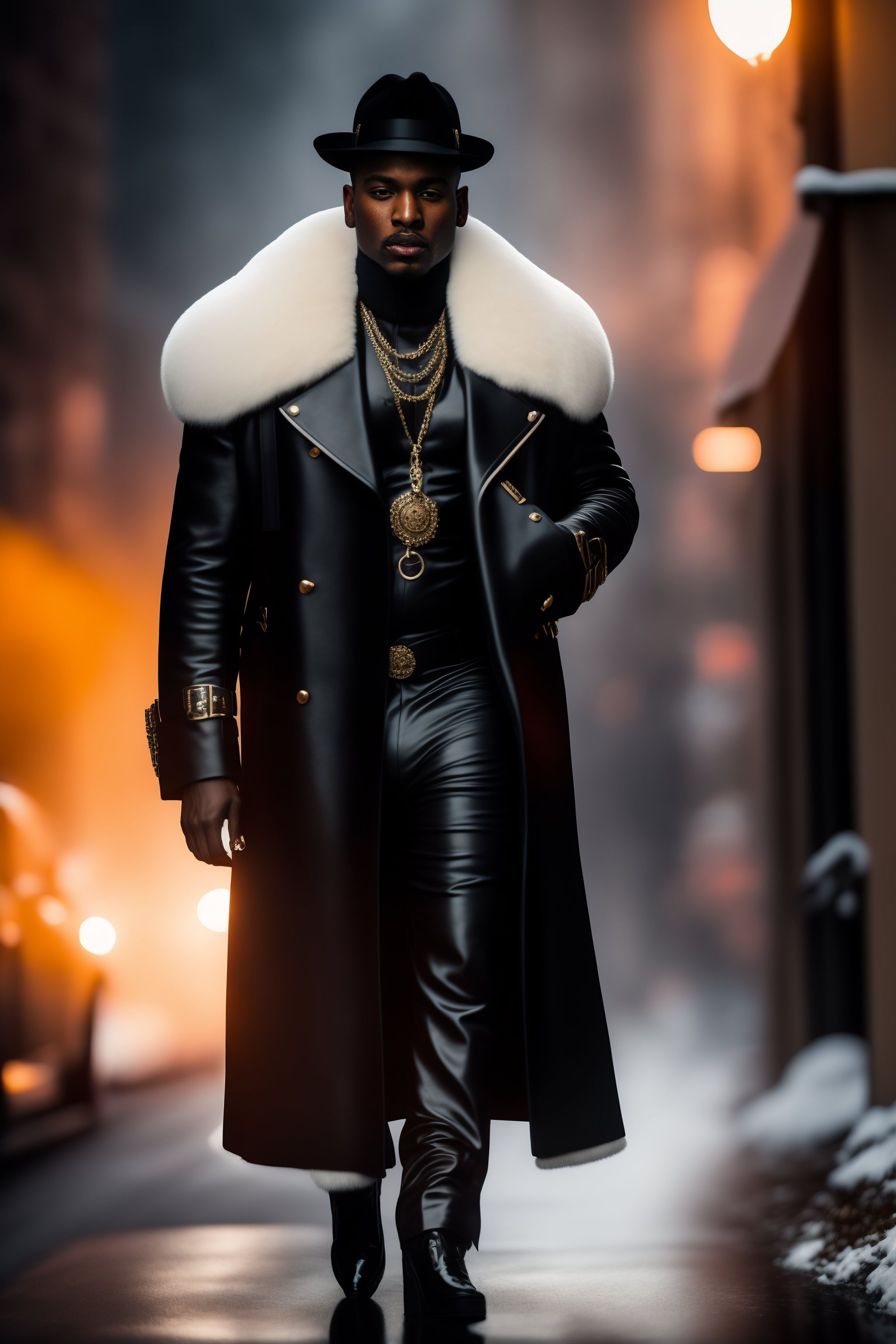 Lexica - A real person in high quality photography picture looking like a  black pimp with black leather clothes and a white fur coat and a big  machin