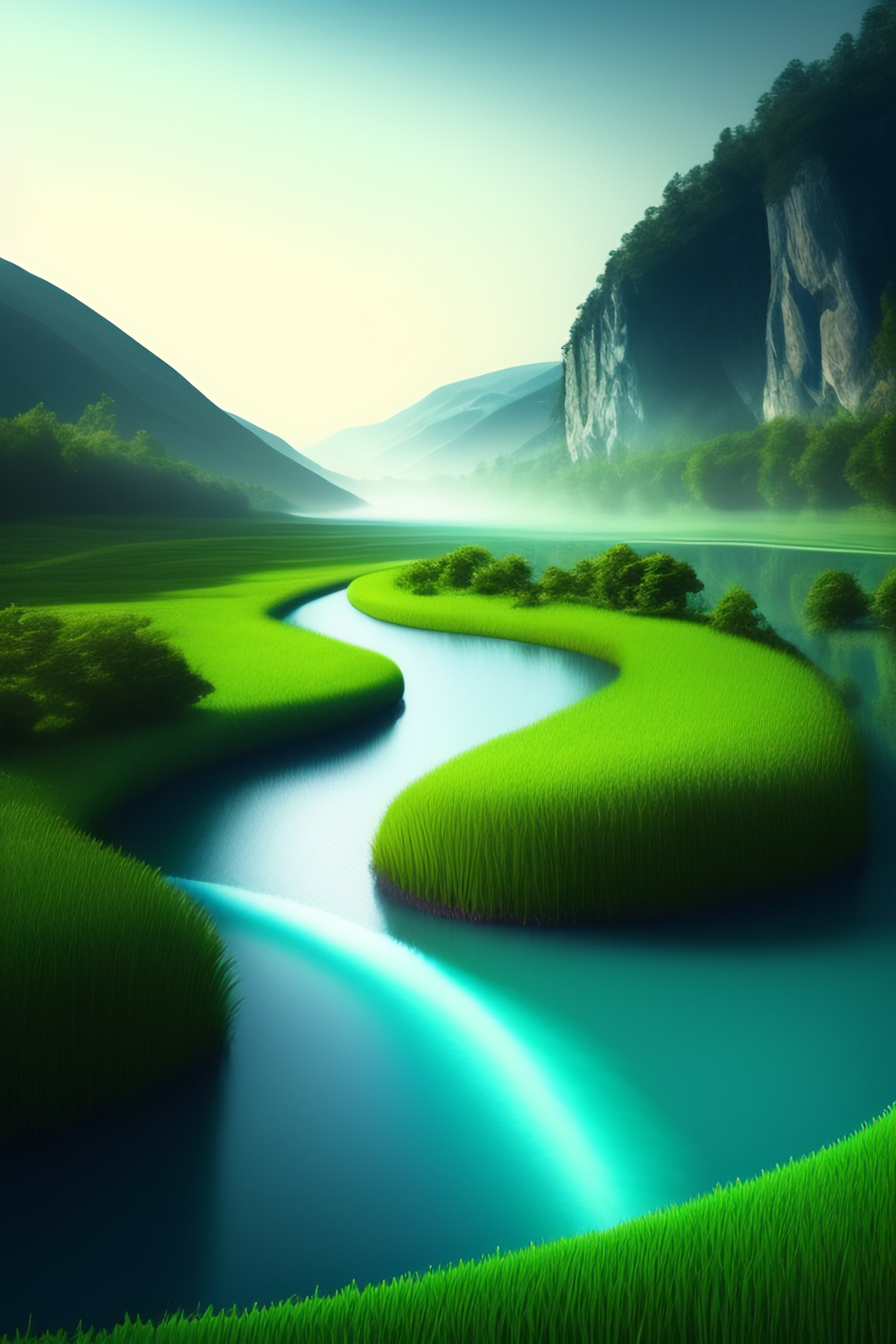 Lexica - Blue river flowing in middle of a green field, within a water ...