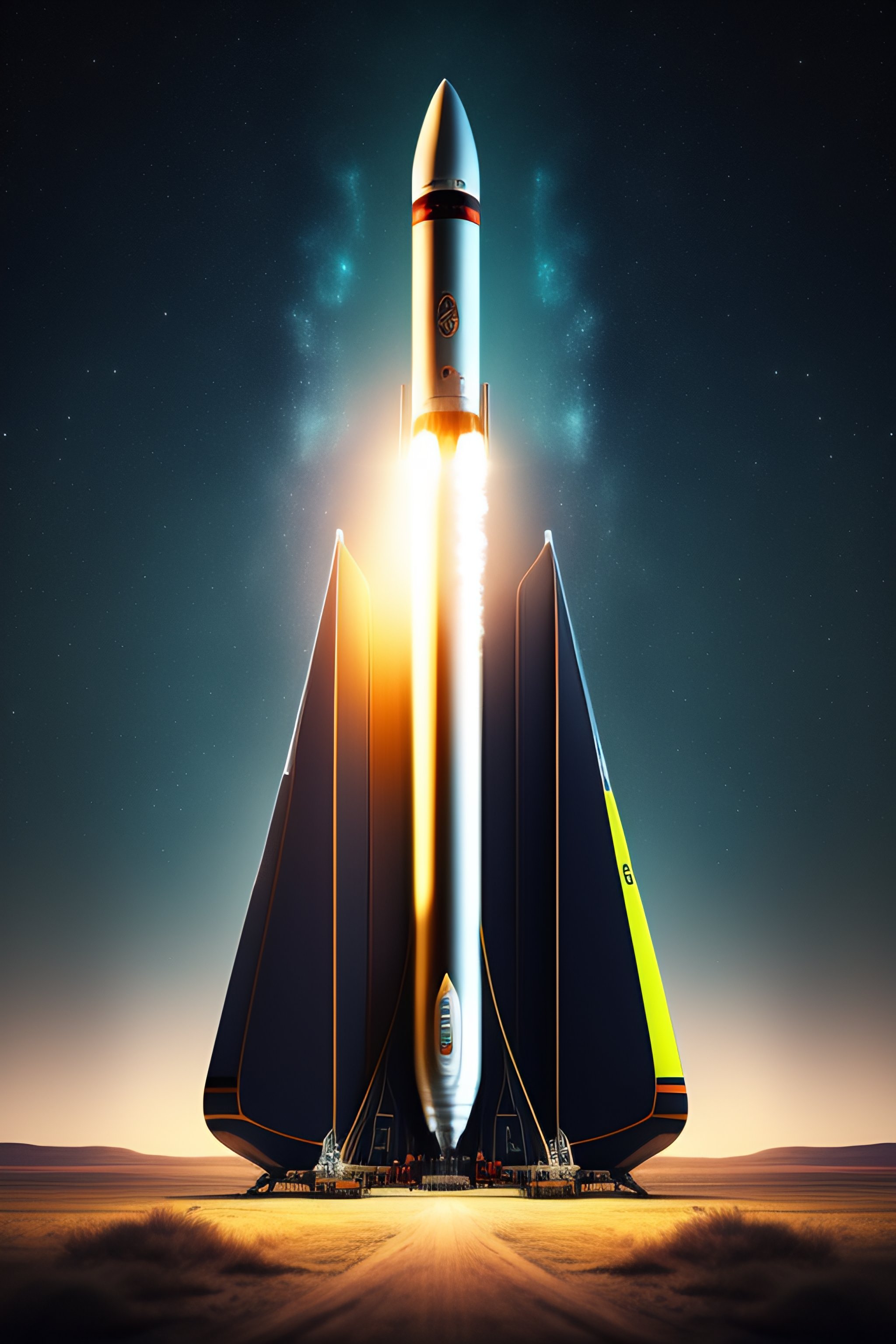 Lexica - Sleek space rocket going to the launchpad. dark stary night