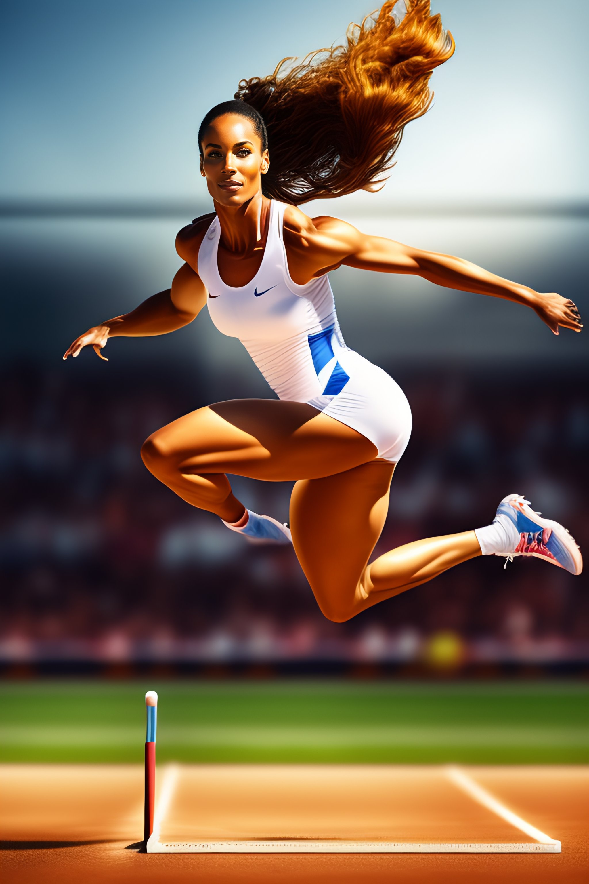 Lexica - Portrait of a beautiful caucasian woman jumping a long jump.
