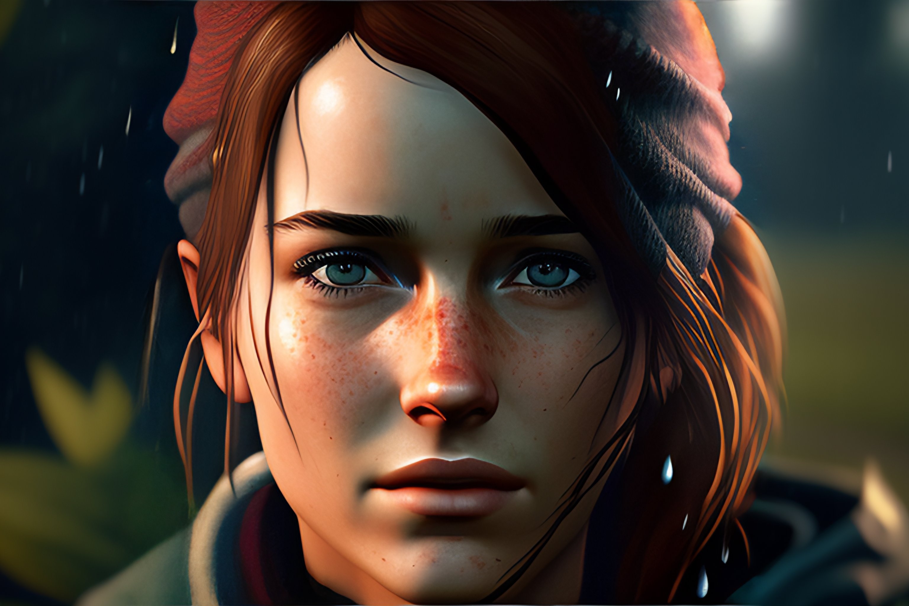 Lexica - Portrait of adult Ellie from the game The last of us 2, medium  shot looking to the side, raining, traces of rain on her face --ar 16:9  --tes