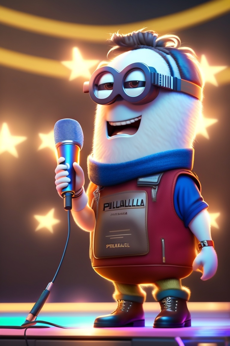 Lexica - I want a minion, with long curly brown hair, freckles on his face,  glasses and a microphone in his hand, stands on a stage decorated with lo...