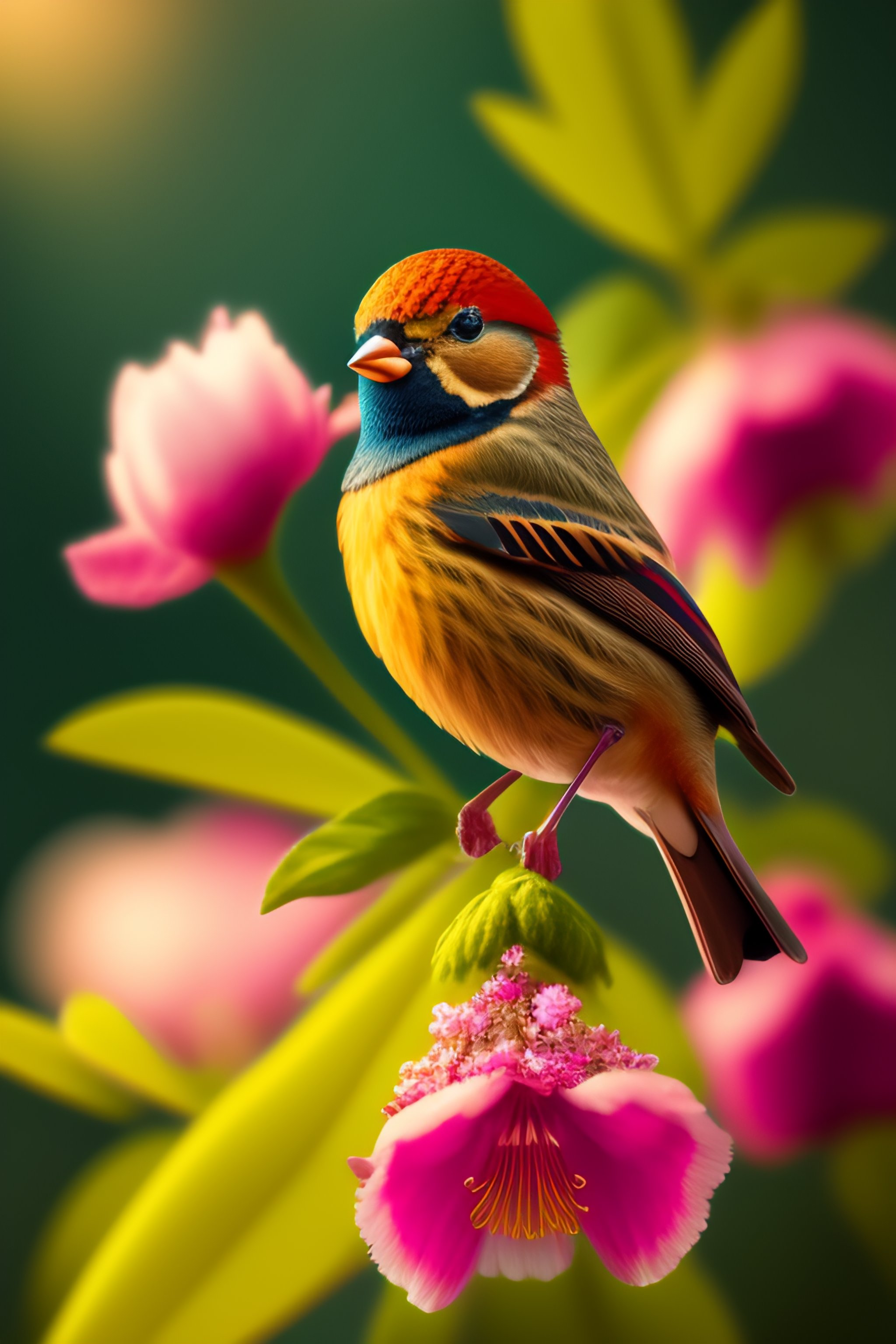 Lexica - A Tiny Finch On A Branch With Spring Flowers On Background:1.0 ...