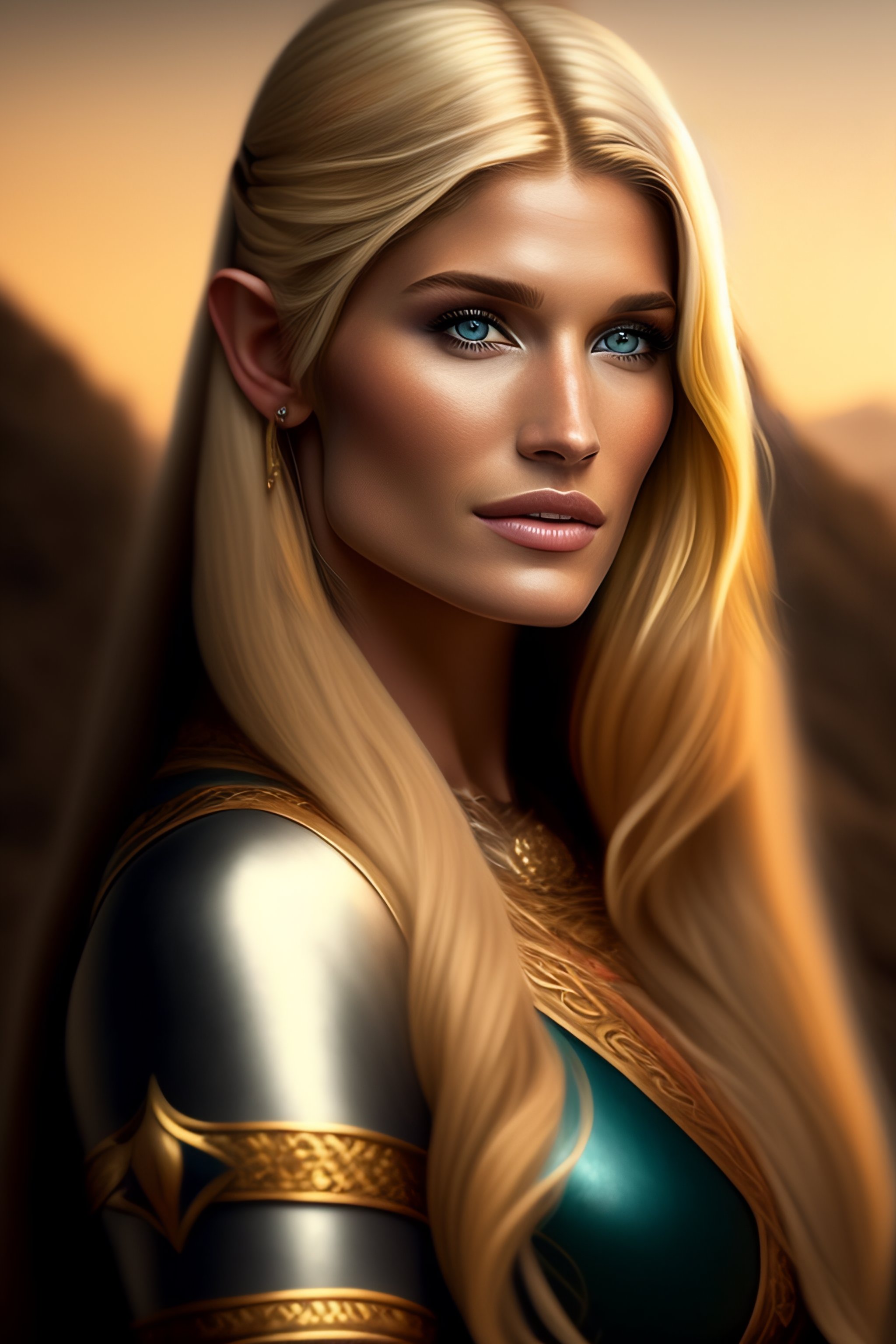 Lexica - High elf beautiful blonde female portrait looks like Gemma Arterton  sitting in the middle of a tavern