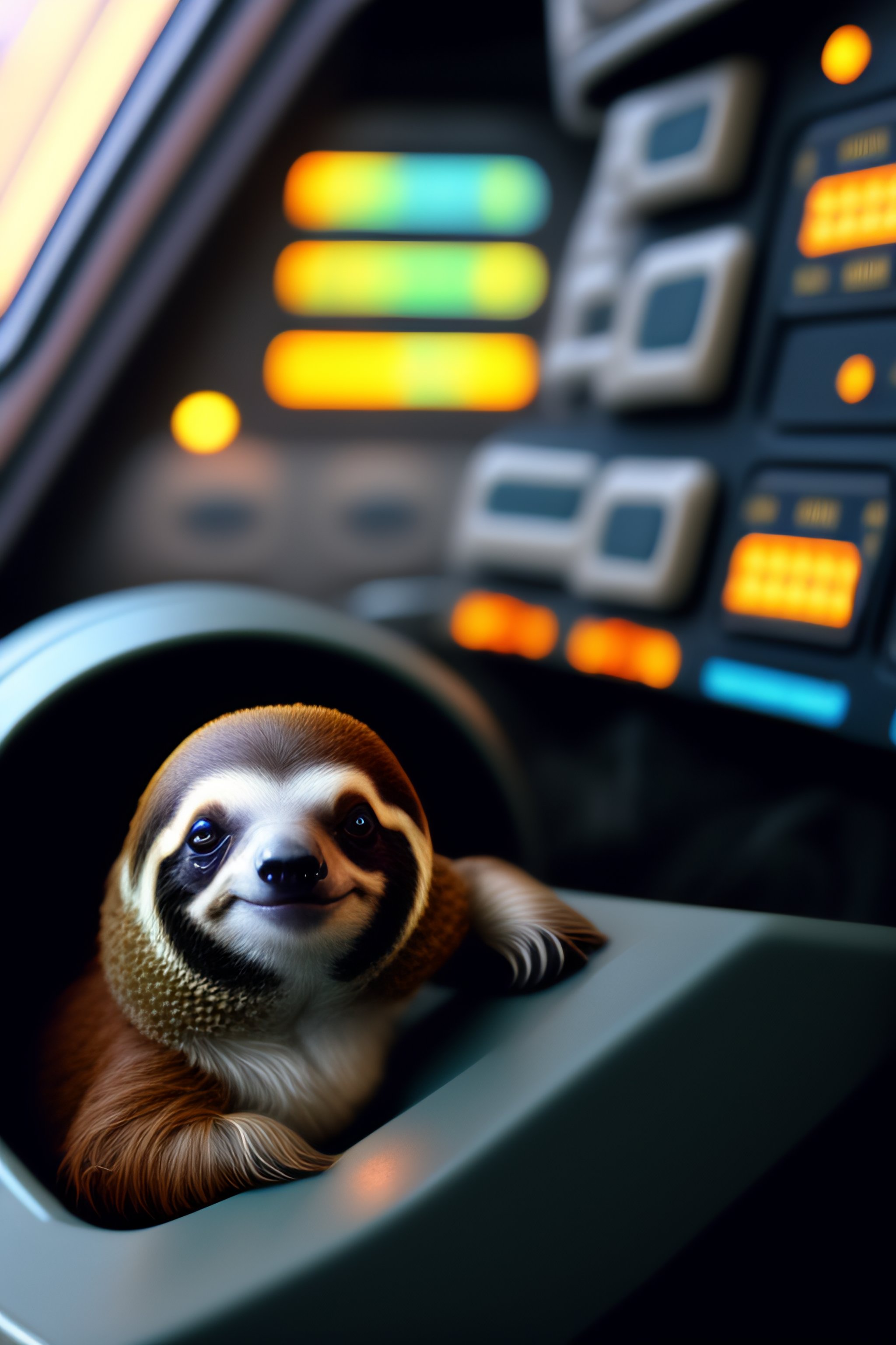 Lexica - A cute and tiny sloth captain inside the Space Shuttle's ...