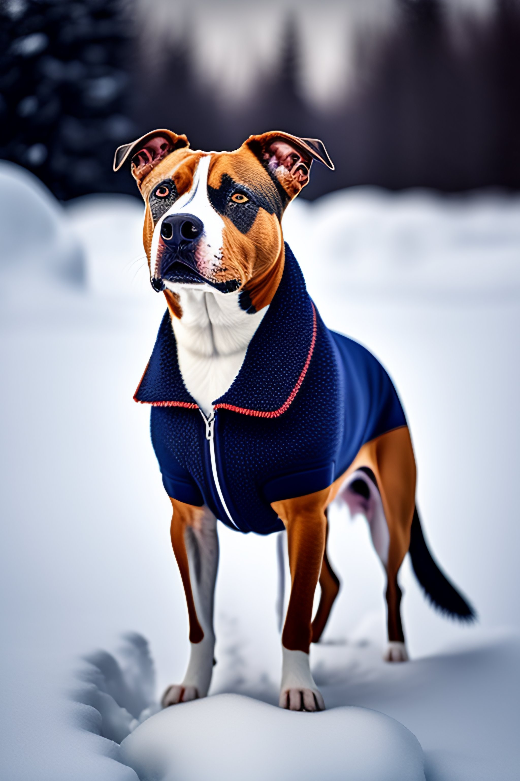 Lexica American staffy wearing a spikey jacket standing on the snow