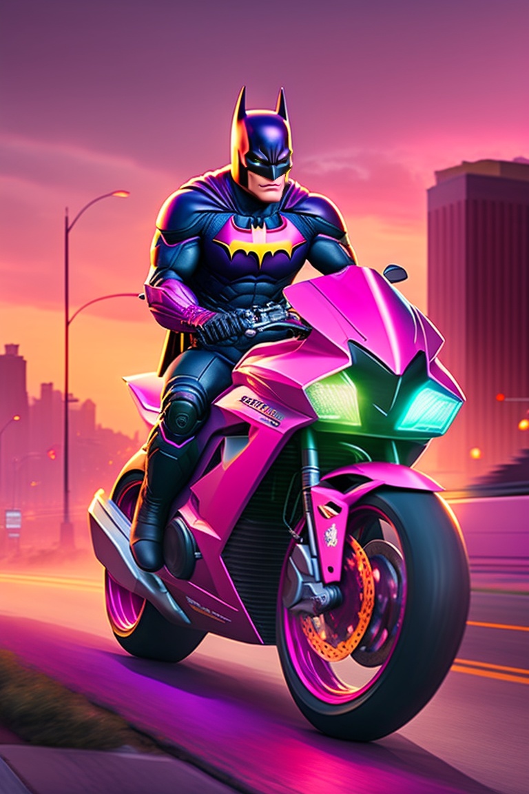 Lexica - Batman, wearing a pink uniform, is riding a pink motorcycle on ...