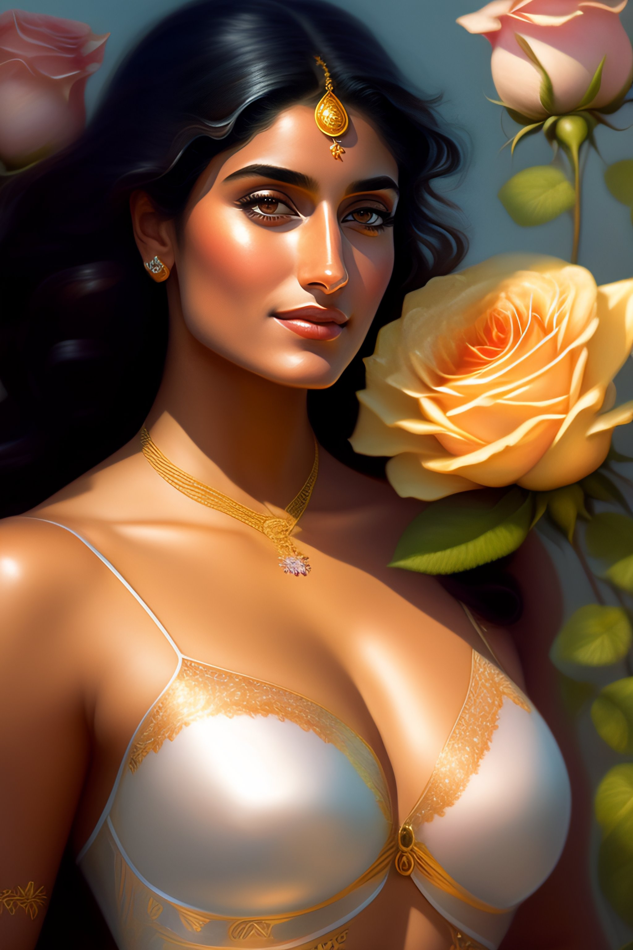 Lexica - Spanish woman niveda thomas, smelling a flower, roses everywhere,  highly detailed, silver bra with golden line design, big bra, digital  pain