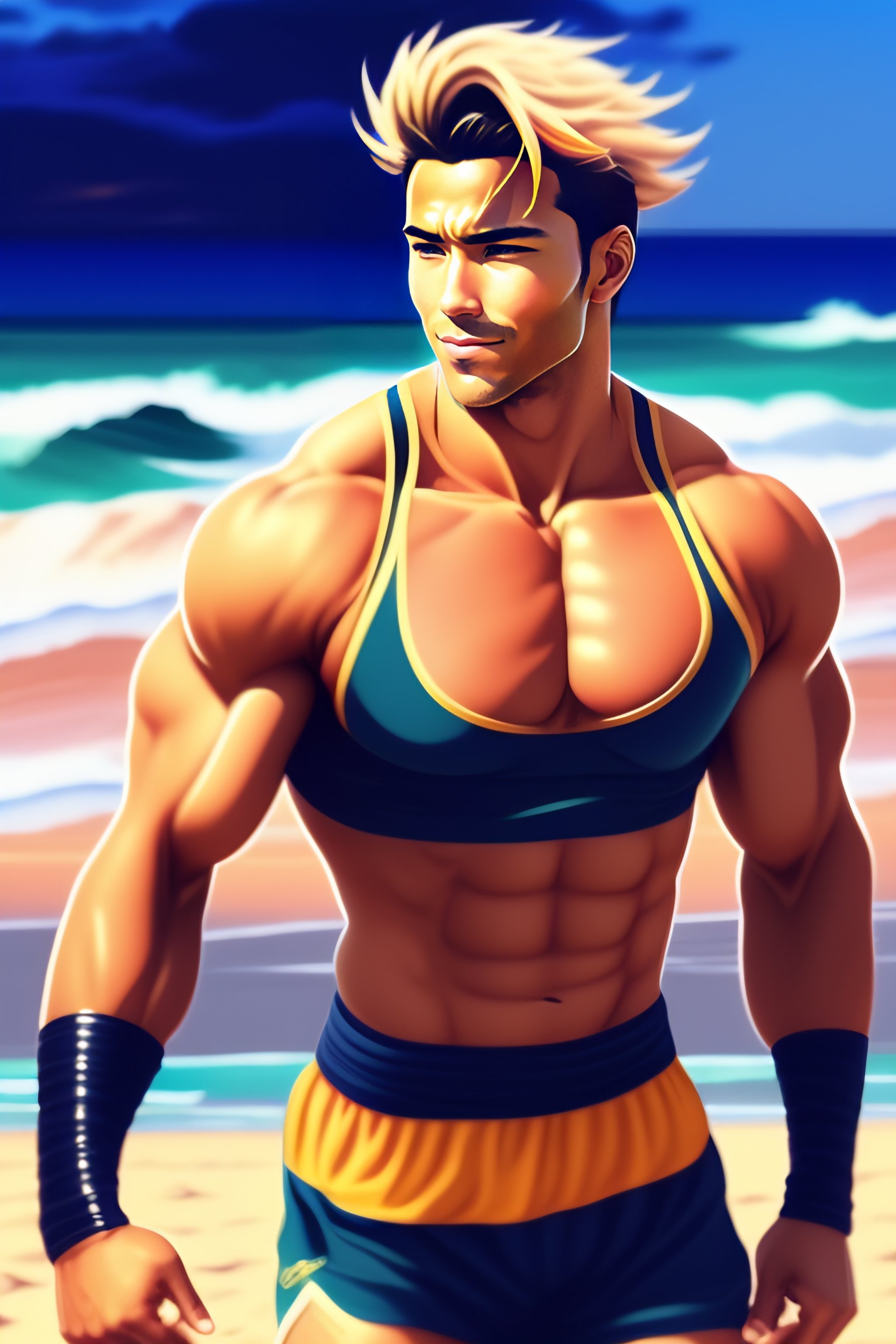 Lexica - Stunning with only a few muscles male working out at the beach,  artsy anime style