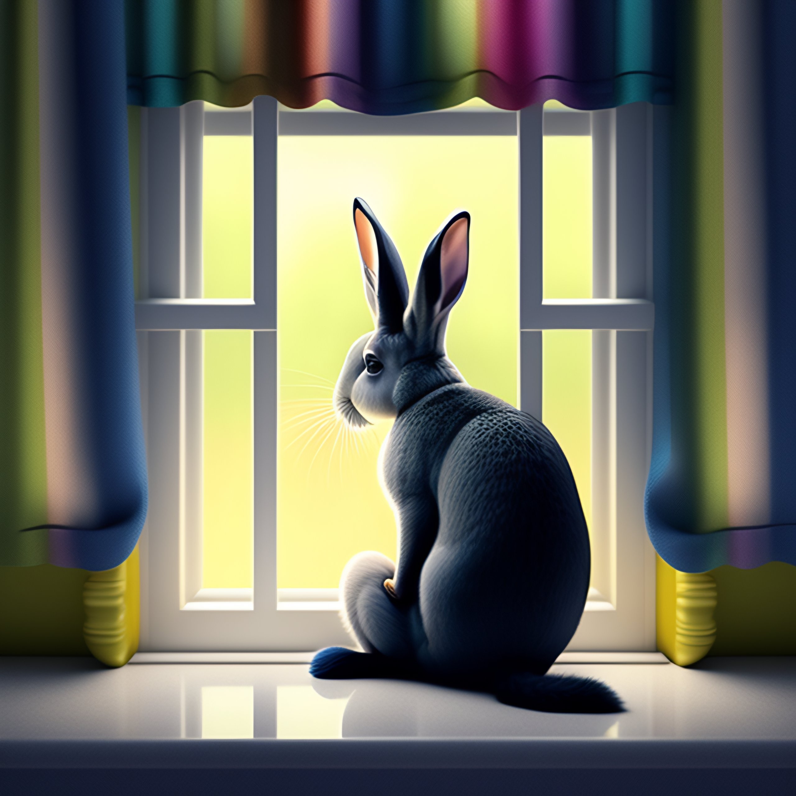 Lexica - Grey bunny looking at rainbow outside window illustration
