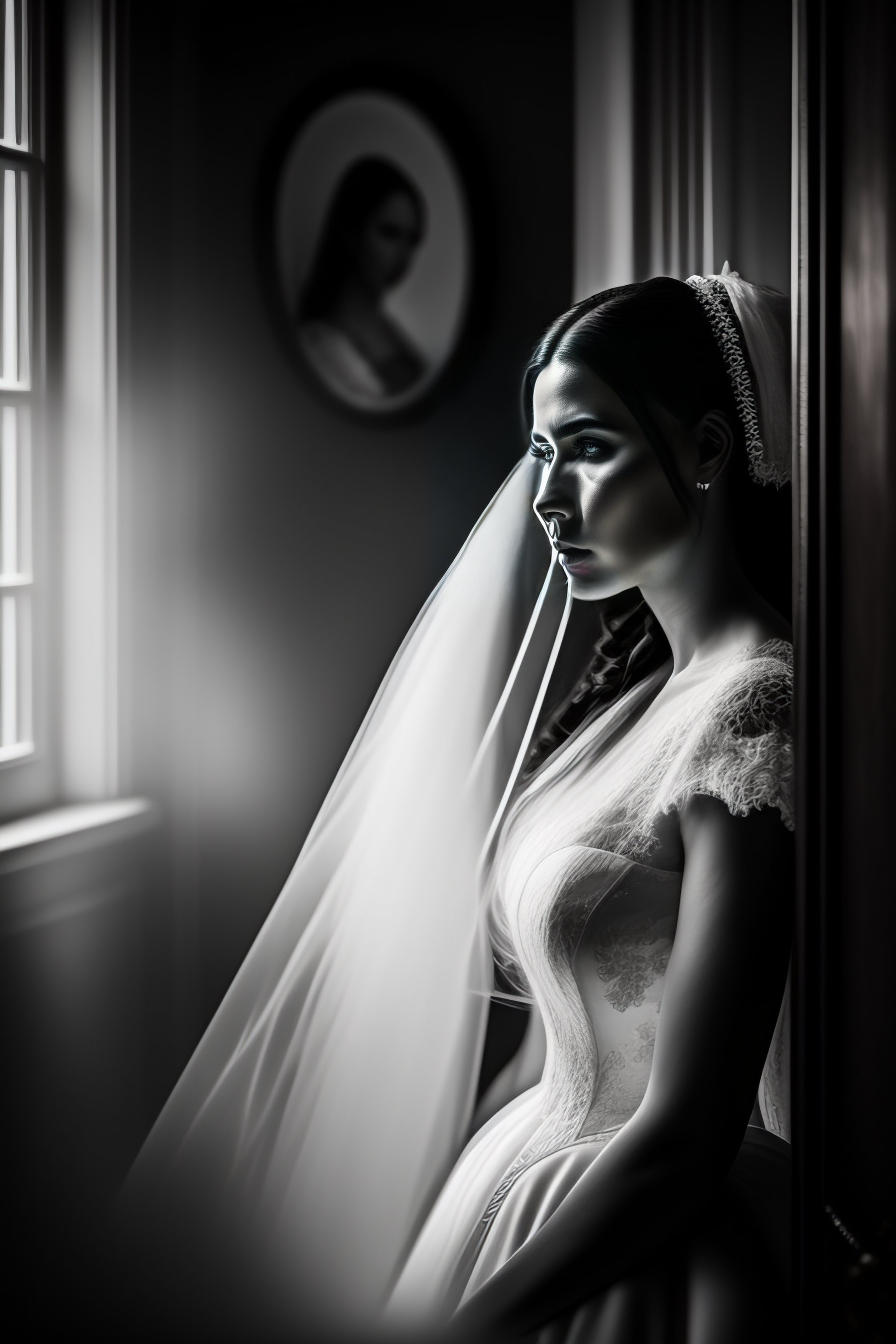 Lexica - Ghost and young woman in victorian house, black and white ...