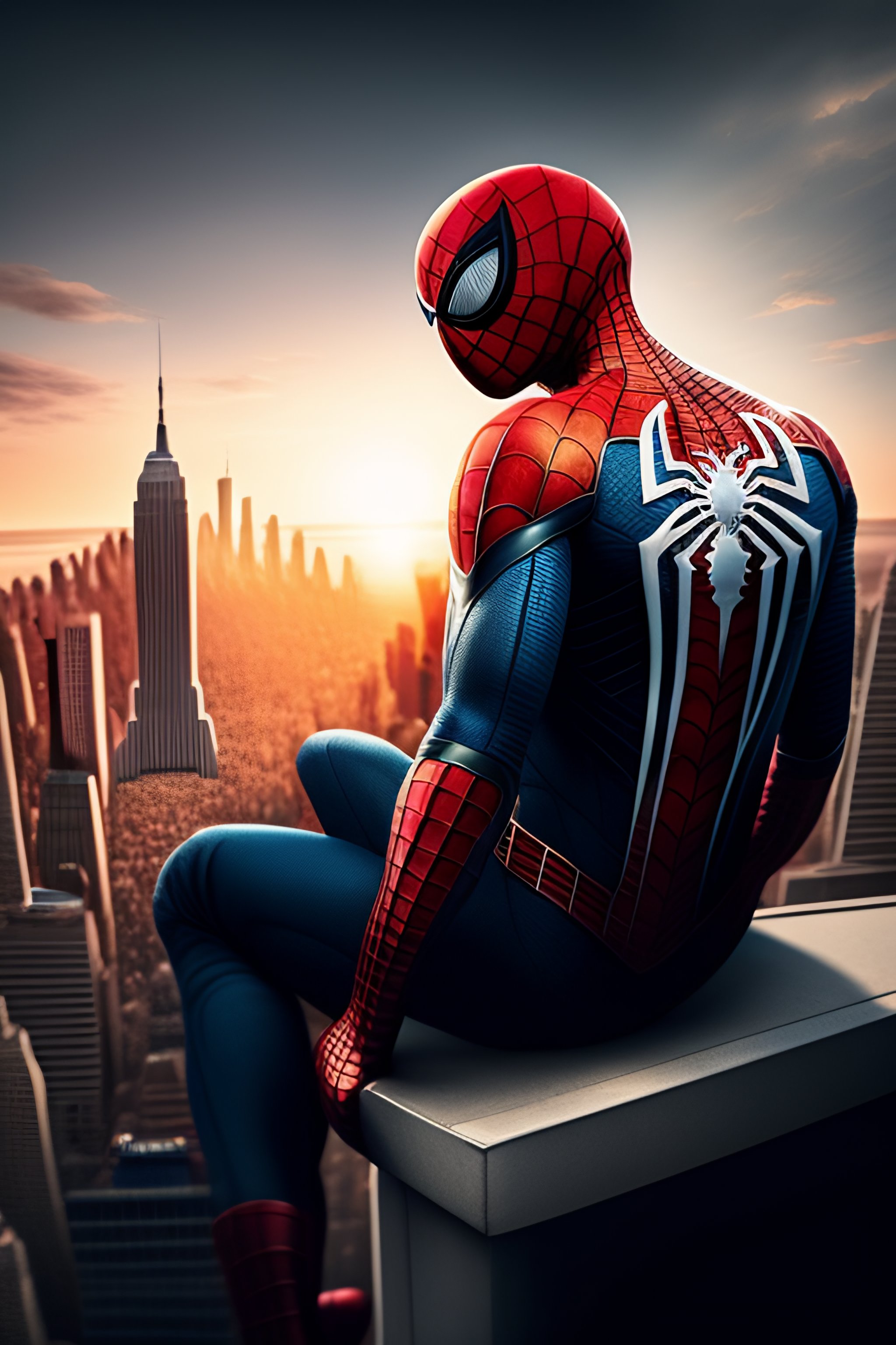 Lexica - “ spider man sitting on a roof looking down at a city below,  extremely detailed