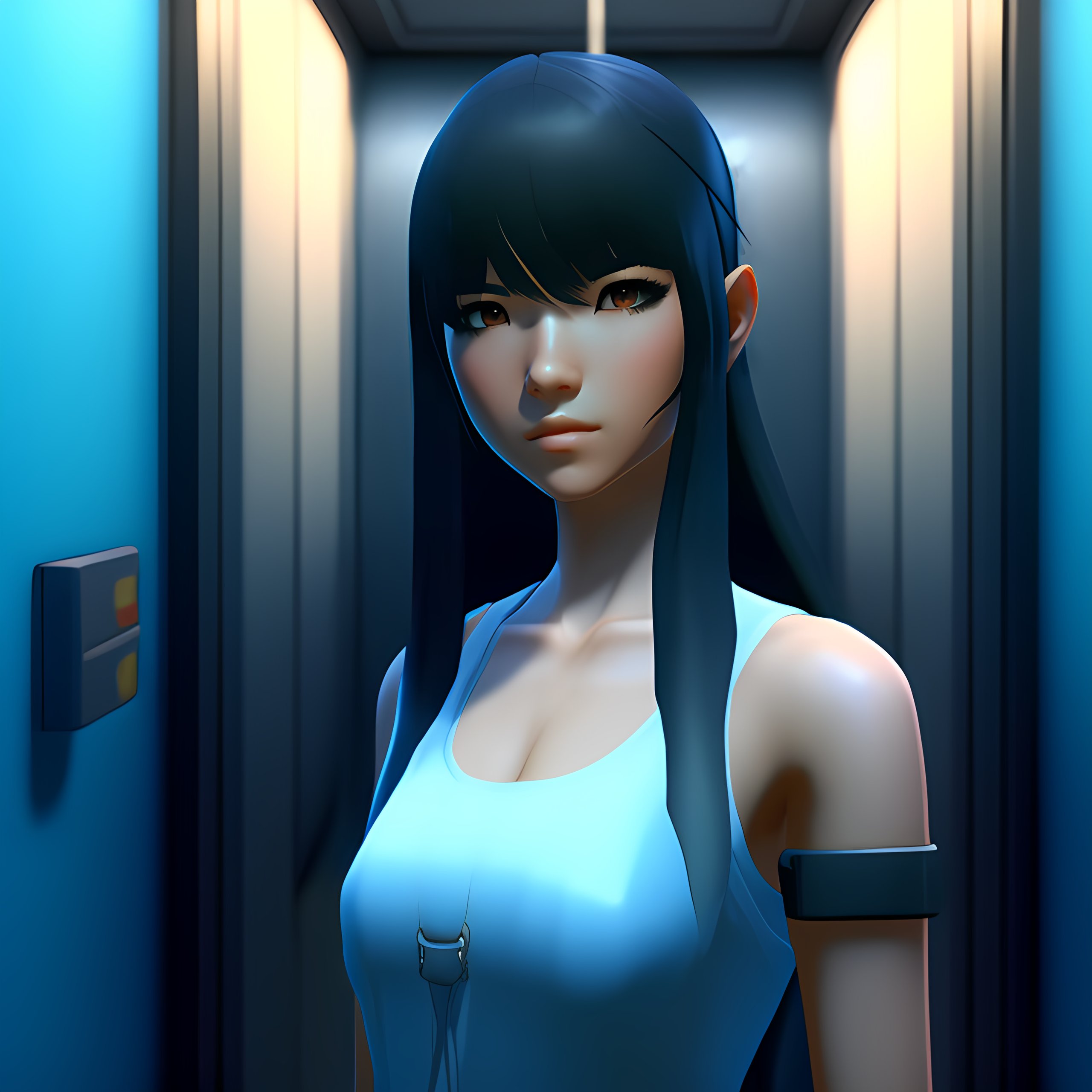 Lexica - 3d low-poly render of ((anime girl)) with long black hair,  ((((black eyes)))), ((blunt bangs)), slender, wearing a light blue long  sleeveles...